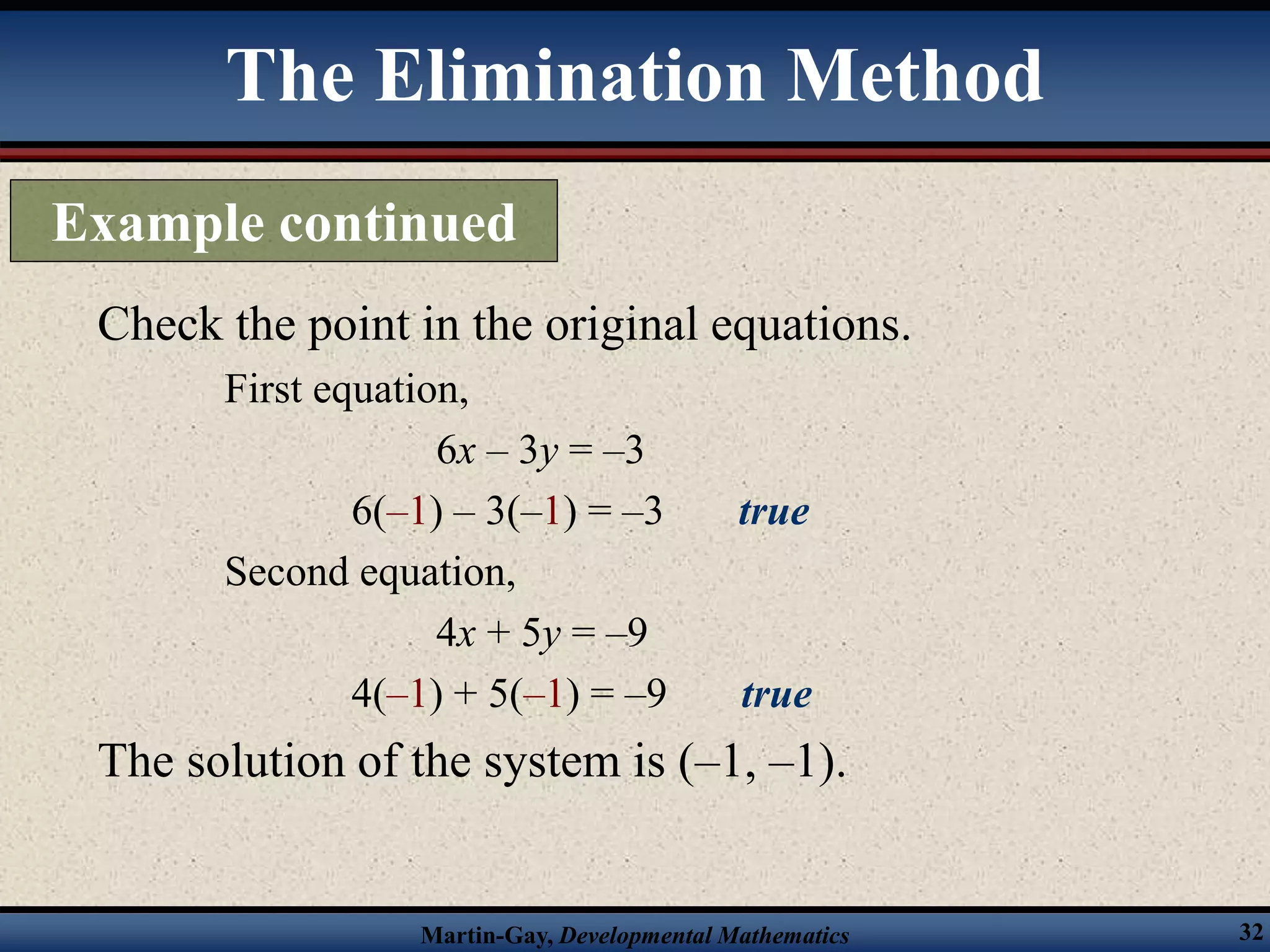 Martin-Gay, Developmental Mathematics 32
Check the point in the original equations.
First equation,
6x – 3y = –3
6(–1) – 3(–1) = –3 true
Second equation,
4x + 5y = –9
4(–1) + 5(–1) = –9 true
The solution of the system is (–1, –1).
The Elimination Method
Example continued
 
