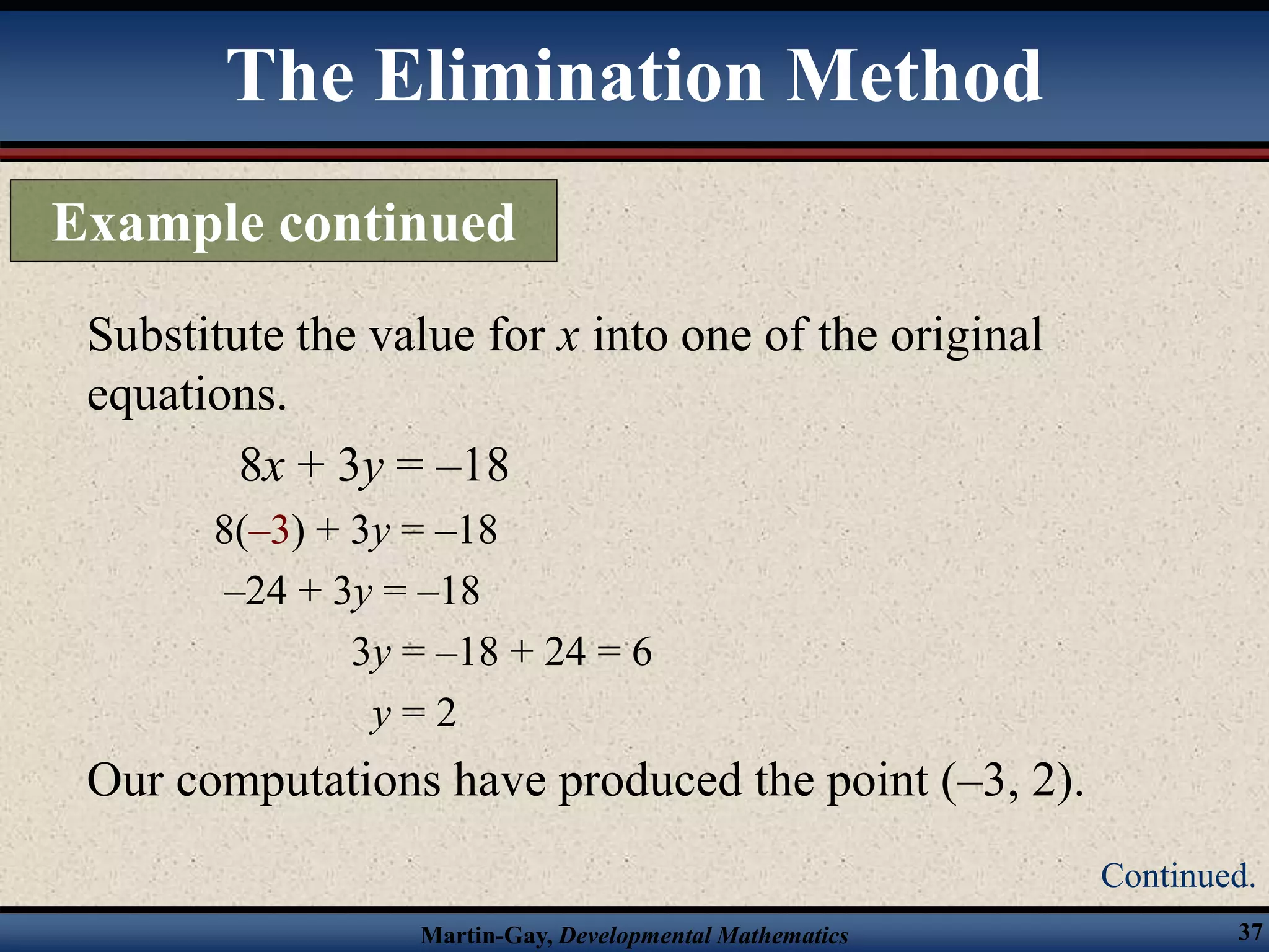 Martin-Gay, Developmental Mathematics 37
Substitute the value for x into one of the original
equations.
8x + 3y = –18
8(–3) + 3y = –18
–24 + 3y = –18
3y = –18 + 24 = 6
y = 2
Our computations have produced the point (–3, 2).
The Elimination Method
Example continued
Continued.
 