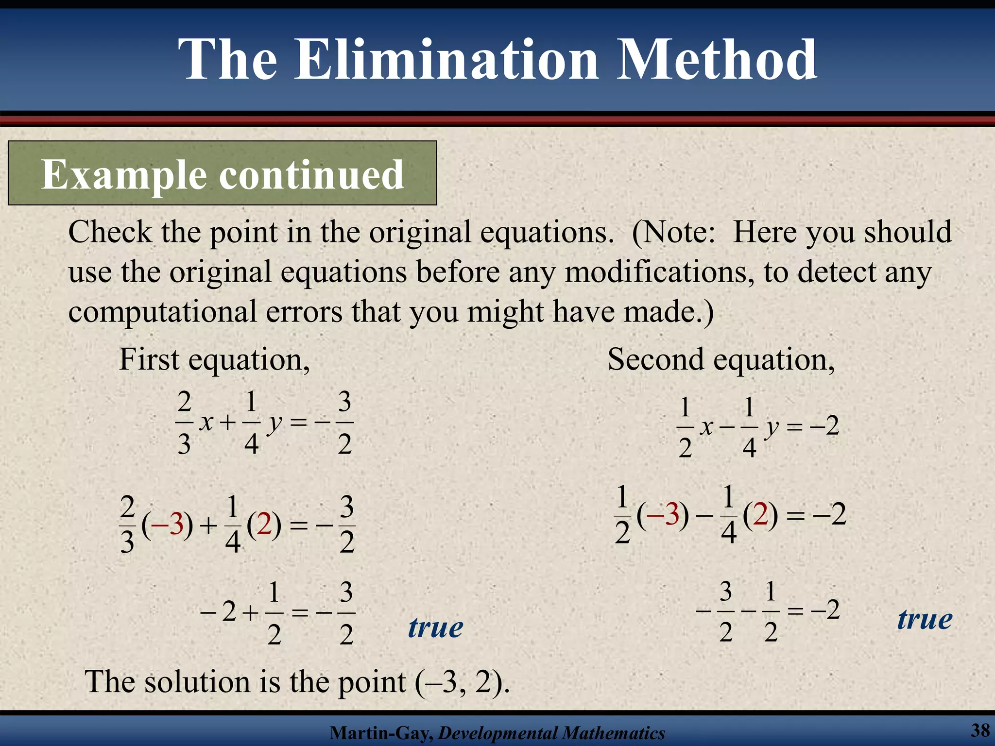 Martin-Gay, Developmental Mathematics 38
Check the point in the original equations. (Note: Here you should
use the original equations before any modifications, to detect any
computational errors that you might have made.)
First equation,
2
3
4
1
3
2


 y
x
2 1 3
( ) ( )
3 4 2
3 2
  

2
3
2
1
2 



true
Second equation,
2
4
1
2
1


 y
x
1 1
( ) ( ) 2
2 4
3 2
  

2
2
1
2
3



 true
The solution is the point (–3, 2).
The Elimination Method
Example continued
 