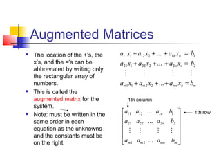 Augmented Matrices
mnmnmm
nn
nn
bxaxaxa
bxaxaxa
bxaxaxa
=+++
=+++
=+++
...
...
...
2211
22222121
11212111













mmnmm
n
n
baaa
baaa
baaa
...
...
...
21
222221
111211

 The location of the +’s, the
x’s, and the =‘s can be
abbreviated by writing only
the rectangular array of
numbers.
 This is called the
augmented matrix for the
system.
 Note: must be written in the
same order in each
equation as the unknowns
and the constants must be
on the right.
1th column
1th row
 