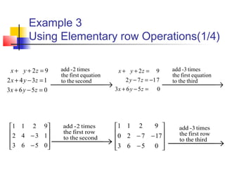 Example 3
Using Elementary row Operations(1/4)
0563
7172
92
=−+
−=−
=++
zyx
zy
zyx
 → secondtheto
equationfirstthe
times2-add
0563
1342
92
=−+
=−+
=++
zyx
zyx
zyx










−
−
0563
1342
9211










−
−−
0563
17720
9211
 → thirdtheto
equationfirstthe
times3-add
 → thirdtheto
rowfirstthe
times3-add
 → secondtheto
rowfirstthe
times2-add
 