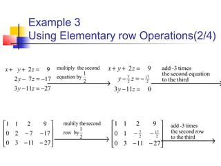 Example 3
Using Elementary row Operations(2/4)
0113
92
2
17
2
7
=−
−=−
=++
zy
zy
zyx
 → 2
1
byequation
secondthemultiply
27113
1772
92
−=−
−=−
=++
zy
zy
zyx










−−
−−
271130
17720
9211










−−
−−
271130
10
9211
2
17
2
7
 → thirdtheto
equationsecondthe
times3-add
 → thirdtheto
rowsecondthe
times3-add
 → 2
1
byrow
secondemultily th
 