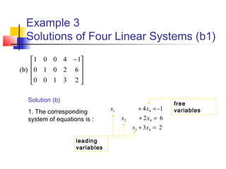 Example 3
Solutions of Four Linear Systems (b1)









 −
23100
62010
14001
(b)
Solution (b)
1. The corresponding
system of equations is :
23
62
1-4
43
42
41
=+
=+
=+
xx
xx
xx
leading
variables
free
variables
 
