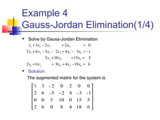 Example 4
Gauss-Jordan Elimination(1/4)
 Solve by Gauss-Jordan Elimination
 Solution:
The augmented matrix for the system is
6184862
515105
1342562
0x223
65421
643
654321
5321
=−+++
=++
−=−+−−+
=+−+
xxxxx
xxx
xxxxxx
xxx












61848062
515010500
1-3-42-5-62
00202-31
 