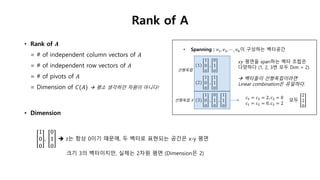 • Rank of 𝑨
= # of independent column vectors of 𝐴
= # of independent row vectors of 𝐴
= # of pivots of 𝐴
= Dimension of 𝐶(𝐴)  평소 생각하던 차원이 아니다!
• Dimension
1
0
0
,
0
1
0
 z는 항상 0이기 때문에, 두 벡터로 표현되는 공간은 x-y 평면
크기 3의 벡터이지만, 실제는 2차원 평면 (Dimension은 2)
Rank of A
• Spanning : 𝑣1, 𝑣2, ⋯ , 𝑣 𝑛이 구성하는 벡터공간
1
1
0
0
,
0
1
0
(2)
1
0
0
,
1
1
0
(3)
1
0
0
,
0
1
0
,
1
1
0
𝑥𝑦 평면을 span하는 벡터 조합은
다양하다 (1, 2, 3번 모두 Dim = 2).
 벡터들이 선형독립이라면
Linear combination은 유일하다.
선형독립
선형독립 X
𝑐1 = 𝑐2 = 2, 𝑐3 = 0
𝑐1 = 𝑐2 = 0, 𝑐3 = 2
모두
2
2
0
 