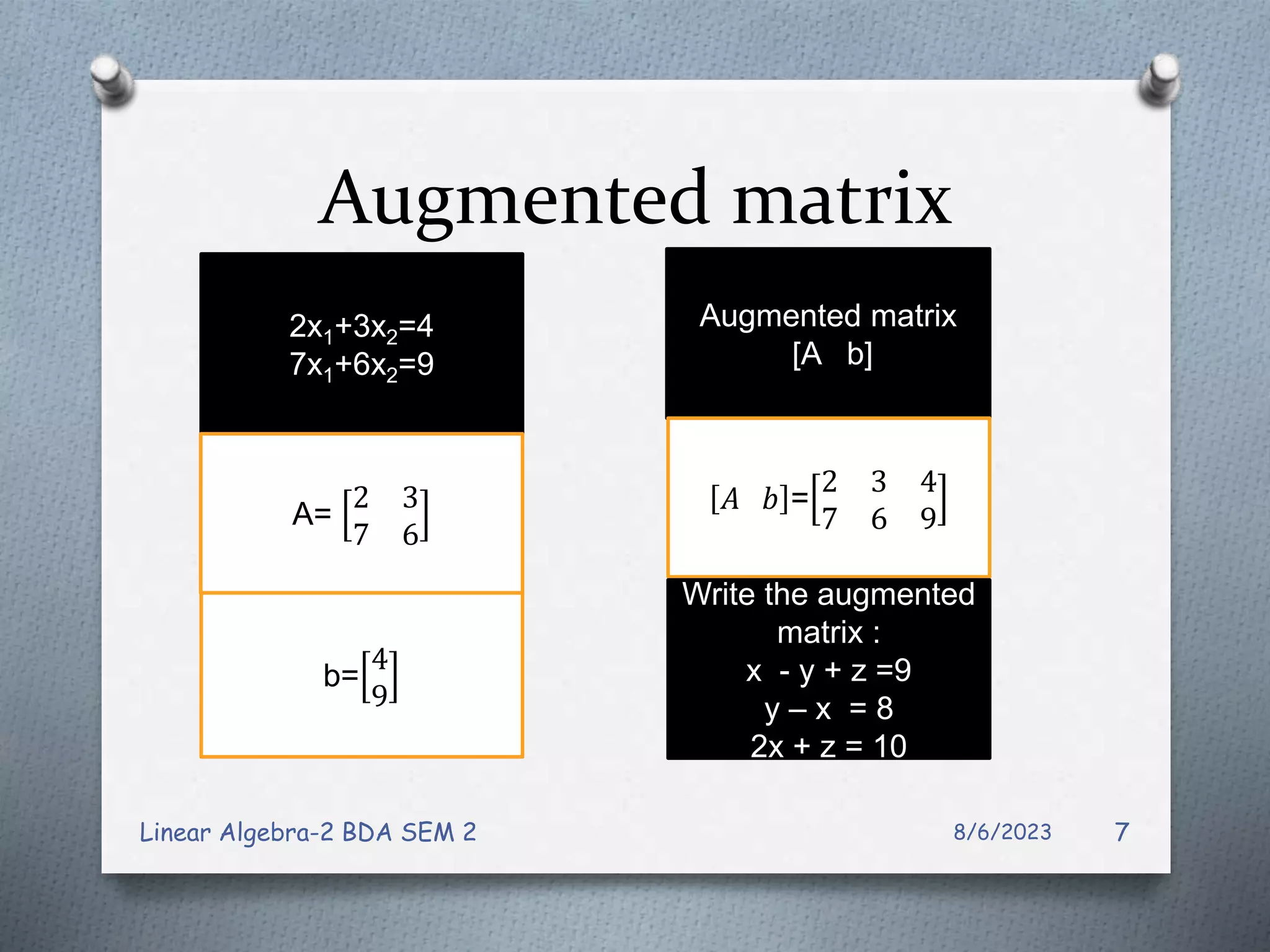 Augmented matrix
8/6/2023
Linear Algebra-2 BDA SEM 2 7
2x1+3x2=4
7x1+6x2=9
A=
2 3
7 6
b=
4
9
Augmented matrix
[A b]
𝐴 𝑏 =
2 3 4
7 6 9
Write the augmented
matrix :
x - y + z =9
y – x = 8
2x + z = 10
 