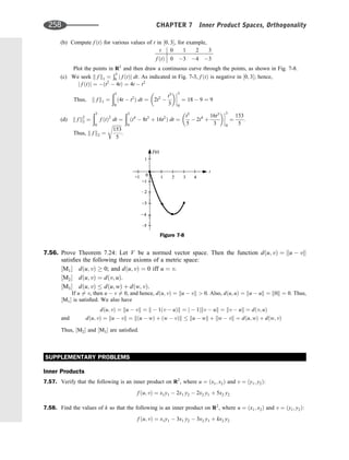 (b) Compute f ðtÞ for various values of t in ½0; 3, for example,
t 0 1 2 3
f ðtÞ 0 3 4 3
Plot the points in R2
and then draw a continuous curve through the points, as shown in Fig. 7-8.
(c) We seek k f k1 ¼
Ð3
0 j f ðtÞj dt. As indicated in Fig. 7-3, f ðtÞ is negative in ½0; 3; hence,
j f ðtÞj ¼ ðt2
 4tÞ ¼ 4t  t2
k f k1 ¼
ð3
0
ð4t  t2
Þ dt ¼ 2t2

t3
3
 



3
0
¼ 18  9 ¼ 9
Thus;
(d) k f k2
2 ¼
ð3
0
f ðtÞ2
dt ¼
ð3
0
ðt4
 8t3
þ 16t2
Þ dt ¼
t5
5
 2t4
þ
16t3
3
 



3
0
¼
153
5
.
Thus, k f k2 ¼
ﬃﬃﬃﬃﬃﬃﬃﬃ
153
5
r
.
7.56. Prove Theorem 7.24: Let V be a normed vector space. Then the function dðu; vÞ ¼ ku  vk
satisﬁes the following three axioms of a metric space:
½M1 dðu; vÞ  0; and dðu; vÞ ¼ 0 iff u ¼ v.
½M2 dðu; vÞ ¼ dðv; uÞ.
½M3 dðu; vÞ  dðu; wÞ þ dðw; vÞ.
If u 6¼ v, then u  v 6¼ 0, and hence, dðu; vÞ ¼ ku  vk  0. Also, dðu; uÞ ¼ ku  uk ¼ k0k ¼ 0. Thus,
½M1 is satisﬁed. We also have
dðu; vÞ ¼ ku  vk ¼ k  1ðv  uÞk ¼ j  1jkv  uk ¼ kv  uk ¼ dðv; uÞ
and dðu; vÞ ¼ ku  vk ¼ kðu  wÞ þ ðw  vÞk  ku  wk þ kw  vk ¼ dðu; wÞ þ dðw; vÞ
Thus, ½M2 and ½M3 are satisﬁed.
SUPPLEMENTARY PROBLEMS
Inner Products
7.57. Verify that the following is an inner product on R2
, where u ¼ ðx1; x2Þ and v ¼ ðy1; y2Þ:
f ðu; vÞ ¼ x1y1  2x1 y2  2x2 y1 þ 5x2 y2
7.58. Find the values of k so that the following is an inner product on R2
, where u ¼ ðx1; x2Þ and v ¼ ðy1; y2Þ:
f ðu; vÞ ¼ x1y1  3x1 y2  3x2 y1 þ kx2 y2
Figure 7-8
258 CHAPTER 7 Inner Product Spaces, Orthogonality
 