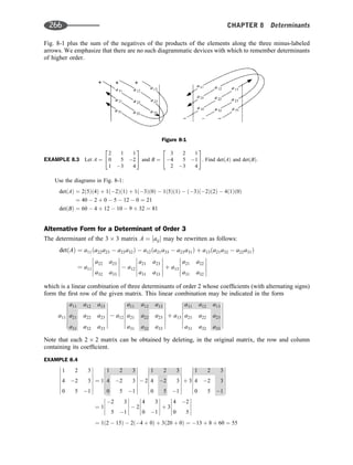Fig. 8-1 plus the sum of the negatives of the products of the elements along the three minus-labeled
arrows. We emphasize that there are no such diagrammatic devices with which to remember determinants
of higher order.
EXAMPLE 8.3 Let A ¼
2 1 1
0 5 2
1 3 4
2
4
3
5 and B ¼
3 2 1
4 5 1
2 3 4
2
4
3
5. Find detðAÞ and detðBÞ.
Use the diagrams in Fig. 8-1:
detðAÞ ¼ 2ð5Þð4Þ þ 1ð2Þð1Þ þ 1ð3Þð0Þ  1ð5Þð1Þ  ð3Þð2Þð2Þ  4ð1Þð0Þ
¼ 40  2 þ 0  5  12  0 ¼ 21
detðBÞ ¼ 60  4 þ 12  10  9 þ 32 ¼ 81
Alternative Form for a Determinant of Order 3
The determinant of the 3 3 matrix A ¼ ½aij may be rewritten as follows:
detðAÞ ¼ a11ða22a23  a23a32Þ  a12ða21a33  a23a31Þ þ a13ða21a32  a22a31Þ
¼ a11
a22 a23
a32 a33










 a12
a21 a23
a31 a33










þ a13
a21 a22
a31 a32










which is a linear combination of three determinants of order 2 whose coefﬁcients (with alternating signs)
form the ﬁrst row of the given matrix. This linear combination may be indicated in the form
a11
a11 a12 a13
a21 a22 a23
a31 a32 a33














 a12
a11 a12 a13
a21 a22 a23
a31 a32 a33














þ a13
a11 a12 a13
a21 a22 a23
a31 a32 a33














Note that each 2 2 matrix can be obtained by deleting, in the original matrix, the row and column
containing its coefﬁcient.
EXAMPLE 8.4
1 2 3
4 2 3
0 5 1
















¼ 1
1 2 3
4 2 3
0 5 1
















 2
1 2 3
4 2 3
0 5 1
















þ 3
1 2 3
4 2 3
0 5 1
















¼ 1
2 3
5 1










 2
4 3
0 1










þ 3
4 2
0 5










¼ 1ð2  15Þ  2ð4 þ 0Þ þ 3ð20 þ 0Þ ¼ 13 þ 8 þ 60 ¼ 55
Figure 8-1
266 CHAPTER 8 Determinants
 
