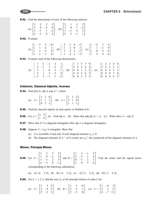 8.41. Find the determinant of each of the following matrices:
(a)
1 2 2 3
1 0 2 0
3 1 1 2
4 3 0 2
2
6
6
4
3
7
7
5, (b)
2 1 3 2
3 0 1 2
1 1 4 3
2 2 1 1
2
6
6
4
3
7
7
5
8.42. Evaluate:
(a)
2 1 3 4
2 1 2 1
3 3 5 4
5 2 1 4
















, (b)
2 1 4 3
1 1 0 2
3 2 3 1
1 2 2 3
















, (c)
1 2 3 1
1 1 2 0
2 0 4 5
1 4 4 6
















8.43. Evaluate each of the following determinants:
(a)
1 2 1 3 1
2 1 1 2 3
3 1 0 2 1
5 1 2 3 4
2 3 1 1 2




















, (b)
1 3 5 7 9
2 4 2 4 2
0 0 1 2 3
0 0 5 6 2
0 0 2 3 1




















, (c)
1 2 3 4 5
5 4 3 2 1
0 0 6 5 1
0 0 0 7 4
0 0 0 2 3




















Cofactors, Classical Adjoints, Inverses
8.44. Find detðAÞ, adj A, and A1
, where
(a) A ¼
1 1 0
1 1 1
0 2 1
2
4
3
5, (b) A ¼
1 2 2
3 1 0
1 1 1
2
4
3
5
8.45. Find the classical adjoint of each matrix in Problem 8.41.
8.46. Let A ¼
a b
c d
 
. (a) Find adj A, (b) Show that adjðadj AÞ ¼ A, (c) When does A ¼ adj A?
8.47. Show that if A is diagonal (triangular) then adj A is diagonal (triangular).
8.48. Suppose A ¼ ½aij is triangular. Show that
(a) A is invertible if and only if each diagonal element aii 6¼ 0.
(b) The diagonal elements of A1
(if it exists) are a1
ii , the reciprocals of the diagonal elements of A.
Minors, Principal Minors
8.49. Let A ¼
1 2 3 2
1 0 2 3
3 1 2 5
4 3 0 1
2
6
6
4
3
7
7
5 and B ¼
1 3 1 5
2 3 1 4
0 5 2 1
3 0 5 2
2
6
6
4
3
7
7
5. Find the minor and the signed minor
corresponding to the following submatrices:
(a) Að1; 4; 3; 4Þ, (b) Bð1; 4; 3; 4Þ, (c) Að2; 3; 2; 4Þ, (d) Bð2; 3; 2; 4Þ.
8.50. For k ¼ 1; 2; 3, ﬁnd the sum Sk of all principal minors of order k for
(a) A ¼
1 3 2
2 4 3
5 2 1
2
4
3
5, (b) B ¼
1 5 4
2 6 1
3 2 0
2
4
3
5, (c) C ¼
1 4 3
2 1 5
4 7 11
2
4
3
5
288 CHAPTER 8 Determinants
 