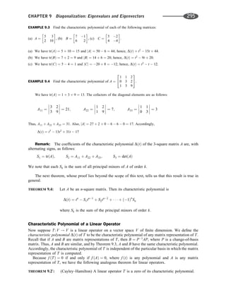 EXAMPLE 9.3 Find the characteristic polynomial of each of the following matrices:
(a) A ¼
5 3
2 10
 
, (b) B ¼
7 1
6 2
 
, (c) C ¼
5 2
4 4
 
.
(a) We have trðAÞ ¼ 5 þ 10 ¼ 15 and jAj ¼ 50  6 ¼ 44; hence, DðtÞ þ t2
 15t þ 44.
(b) We have trðBÞ ¼ 7 þ 2 ¼ 9 and jBj ¼ 14 þ 6 ¼ 20; hence, DðtÞ ¼ t2
 9t þ 20.
(c) We have trðCÞ ¼ 5  4 ¼ 1 and jCj ¼ 20 þ 8 ¼ 12; hence, DðtÞ ¼ t2
 t  12.
EXAMPLE 9.4 Find the characteristic polynomial of A ¼
1 1 2
0 3 2
1 3 9
2
4
3
5.
We have trðAÞ ¼ 1 þ 3 þ 9 ¼ 13. The cofactors of the diagonal elements are as follows:
A11 ¼
3 2
3 9







 ¼ 21; A22 ¼
1 2
1 9







 ¼ 7; A33 ¼
1 1
0 3







 ¼ 3
Thus, A11 þ A22 þ A33 ¼ 31. Also, jAj ¼ 27 þ 2 þ 0  6  6  0 ¼ 17. Accordingly,
DðtÞ ¼ t3
 13t2
þ 31t  17
Remark: The coefﬁcients of the characteristic polynomial DðtÞ of the 3-square matrix A are, with
alternating signs, as follows:
S1 ¼ trðAÞ; S2 ¼ A11 þ A22 þ A33; S3 ¼ detðAÞ
We note that each Sk is the sum of all principal minors of A of order k.
The next theorem, whose proof lies beyond the scope of this text, tells us that this result is true in
general.
THEOREM 9.4: Let A be an n-square matrix. Then its characteristic polynomial is
DðtÞ ¼ tn
 S1tn1
þ S2tn2
þ    þ ð1Þn
Sn
where Sk is the sum of the principal minors of order k.
Characteristic Polynomial of a Linear Operator
Now suppose T: V ! V is a linear operator on a vector space V of ﬁnite dimension. We deﬁne the
characteristic polynomial DðtÞ of T to be the characteristic polynomial of any matrix representation of T.
Recall that if A and B are matrix representations of T, then B ¼ P1
AP, where P is a change-of-basis
matrix. Thus, A and B are similar, and by Theorem 9.3, A and B have the same characteristic polynomial.
Accordingly, the characteristic polynomial of T is independent of the particular basis in which the matrix
representation of T is computed.
Because f ðTÞ ¼ 0 if and only if f ðAÞ ¼ 0, where f ðtÞ is any polynomial and A is any matrix
representation of T, we have the following analogous theorem for linear operators.
THEOREM 9.20
: (Cayley–Hamilton) A linear operator T is a zero of its characteristic polynomial.
CHAPTER 9 Diagonalization: Eigenvalues and Eigenvectors 295
 