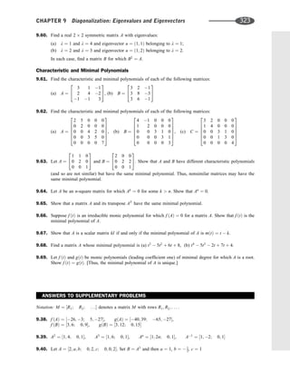 9.60. Find a real 2 2 symmetric matrix A with eigenvalues:
(a) l ¼ 1 and l ¼ 4 and eigenvector u ¼ ð1; 1Þ belonging to l ¼ 1;
(b) l ¼ 2 and l ¼ 3 and eigenvector u ¼ ð1; 2Þ belonging to l ¼ 2.
In each case, ﬁnd a matrix B for which B2
¼ A.
Characteristic and Minimal Polynomials
9.61. Find the characteristic and minimal polynomials of each of the following matrices:
(a) A ¼
3 1 1
2 4 2
1 1 3
2
4
3
5, (b) B ¼
3 2 1
3 8 3
3 6 1
2
4
3
5
9.62. Find the characteristic and minimal polynomials of each of the following matrices:
(a) A ¼
2 5 0 0 0
0 2 0 0 0
0 0 4 2 0
0 0 3 5 0
0 0 0 0 7
2
6
6
6
6
4
3
7
7
7
7
5
, (b) B ¼
4 1 0 0 0
1 2 0 0 0
0 0 3 1 0
0 0 0 3 1
0 0 0 0 3
2
6
6
6
6
4
3
7
7
7
7
5
, (c) C ¼
3 2 0 0 0
1 4 0 0 0
0 0 3 1 0
0 0 1 3 0
0 0 0 0 4
2
6
6
6
6
4
3
7
7
7
7
5
9.63. Let A ¼
1 1 0
0 2 0
0 0 1
2
4
3
5 and B ¼
2 0 0
0 2 2
0 0 1
2
4
3
5. Show that A and B have different characteristic polynomials
(and so are not similar) but have the same minimal polynomial. Thus, nonsimilar matrices may have the
same minimal polynomial.
9.64. Let A be an n-square matrix for which Ak
¼ 0 for some k  n. Show that An
¼ 0.
9.65. Show that a matrix A and its transpose AT
have the same minimal polynomial.
9.66. Suppose f ðtÞ is an irreducible monic polynomial for which f ðAÞ ¼ 0 for a matrix A. Show that f ðtÞ is the
minimal polynomial of A.
9.67. Show that A is a scalar matrix kI if and only if the minimal polynomial of A is mðtÞ ¼ t  k.
9.68. Find a matrix A whose minimal polynomial is (a) t3
 5t2
þ 6t þ 8, (b) t4
 5t3
 2t þ 7t þ 4.
9.69. Let f ðtÞ and gðtÞ be monic polynomials (leading coefﬁcient one) of minimal degree for which A is a root.
Show f ðtÞ ¼ gðtÞ: [Thus, the minimal polynomial of A is unique.]
ANSWERS TO SUPPLEMENTARY PROBLEMS
Notation: M ¼ ½R1; R2; . . . denotes a matrix M with rows R1; R2; . . . :
9.38. f ðAÞ ¼ ½26; 3; 5; 27, gðAÞ ¼ ½40; 39; 65; 27,
f ðBÞ ¼ ½3; 6; 0; 9, gðBÞ ¼ ½3; 12; 0; 15
9.39. A2
¼ ½1; 4; 0; 1, A3
¼ ½1; 6; 0; 1, An
¼ ½1; 2n; 0; 1, A1
¼ ½1; 2; 0; 1
9.40. Let A ¼ ½2; a; b; 0; 2; c; 0; 0; 2. Set B ¼ A3
and then a ¼ 1, b ¼  1
2, c ¼ 1
CHAPTER 9 Diagonalization: Eigenvalues and Eigenvectors 323
 