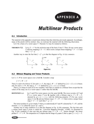 Multilinear Products
A.1 Introduction
The material in this appendix is much more abstract than that which has previously appeared. Accordingly,
many of the proofs will be omitted. Also, we motivate the material with the following observation.
Let S be a basis of a vector space V. Theorem 5.2 may be restated as follows.
THEOREM 5.2: Let g:S ! V be the inclusion map of the basis S into V. Then, for any vector space
U and any mapping f :S ! U; there exists a unique linear mapping f 
:V ! U such
that f ¼ f 
 g:
Another way to state the fact that f ¼ f 
 g is that the diagram in Fig. A-1(a) commutes.
A.2 Bilinear Mapping and Tensor Products
Let U, V, W be vector spaces over a ﬁeld K. Consider a map
f : V W ! U
Then f is said to be bilinear if, for each v 2 V; the map fv :W ! U deﬁned by fv w
ð Þ ¼ f v; w
ð Þ is linear;
and, for each w 2 W; the map fw :V ! U deﬁned by fw v
ð Þ ¼ f v; w
ð Þ is linear.
That is, f is linear in each of its two variables. Note that f is similar to a bilinear form except that the
values of the map f are in a vector space U rather than the ﬁeld K.
DEFINITION A.1: Let V and W be vector spaces over the same ﬁeld K. The tensor product of V and
W is a vector space T over K together with a bilinear map g : V W ! T;
denoted by g v; w
ð Þ ¼ v  w; with the following property: (*) For any vector
space U over K and any bilinear map f :V W ! U there exists a unique linear
map f 
:T ! U such that f 
 g ¼ f :
The tensor product (T, g) [or simply T when g is understood] of V and W is denoted by V  W; and the
element v  w is called the tensor of v and w.
Another way to state condition (*) is that the diagram in Fig. A-1(b) commutes. The fact that such
a unique linear map f* exists is called the ‘‘Universal Mapping Principle’’ (UMP). As illustrated in
Fig. A-1(b), condition (*) also says that any bilinear map f :V W ! U ‘‘factors through’’ the tensor
product T ¼ V  W: The uniqueness in (*) implies that the image of g spans T; that is, span v  w
f g
ð Þ ¼ T:
APPENDIX A
Figure A-1
396
 