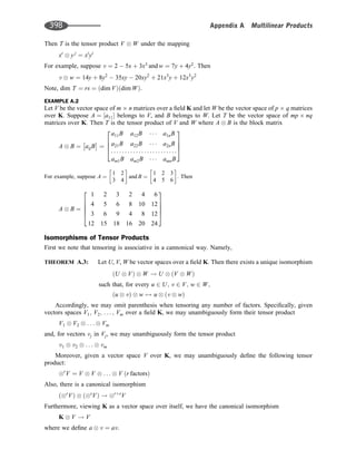 Then T is the tensor product V  W under the mapping
xi
 y j
¼ xi
yi
For example, suppose v ¼ 2  5x þ 3x3
and w ¼ 7y þ 4y2
. Then
v  w ¼ 14y þ 8y2
 35xy  20xy2
þ 21x3
y þ 12x3
y2
Note, dim T ¼ rs ¼ dim V
ð Þ dim W
ð Þ:
EXAMPLE A.2
Let V be the vector space of m n matrices over a ﬁeld K and let W be the vector space of p q matrices
over K. Suppose A ¼ ½a11 belongs to V, and B belongs to W. Let T be the vector space of mp nq
matrices over K. Then T is the tensor product of V and W where A  B is the block matrix
A  B ¼ aijB
 
¼
a11B a12B    a1nB
a21B a22B    a2nB
am1B am2B    amnB
2
6
6
4
3
7
7
5
For example, suppose A ¼
1 2
3 4
 
and B ¼
1 2 3
4 5 6
 
: Then
A  B ¼
1 2 3 2 4 6
4 5 6 8 10 12
3 6 9 4 8 12
12 15 18 16 20 24
2
6
6
6
4
3
7
7
7
5
Isomorphisms of Tensor Products
First we note that tensoring is associative in a cannonical way. Namely,
THEOREM A.3: Let U, V, W be vector spaces over a ﬁeld K. Then there exists a unique isomorphism
U  V
ð Þ  W ! U  V  W
ð Þ
such that, for every u 2 U; v 2 V; w 2 W;
u  v
ð Þ  w 7! u  v  w
ð Þ
Accordingly, we may omit parenthesis when tensoring any number of factors. Speciﬁcally, given
vectors spaces V1; V2; . . . ; Vm over a ﬁeld K, we may unambiguously form their tensor product
V1  V2  . . .  Vm
and, for vectors vj in Vj, we may unambiguously form the tensor product
v1  v2  . . .  vm
Moreover, given a vector space V over K, we may unambiguously deﬁne the following tensor
product:
r
V ¼ V  V  . . .  V r factors
ð Þ
Also, there is a canonical isomorphism
r
V
ð Þ  s
V
ð Þ ! rþs
V
Furthermore, viewing K as a vector space over itself, we have the canonical isomorphism
K  V ! V
where we deﬁne a  v ¼ av:
                       
398 Appendix A Multilinear Products
 