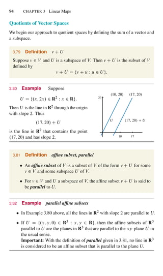 94 CHAPTER 3 Linear Maps
Quotients of Vector Spaces
We begin our approach to quotient spaces by deﬁning the sum of a vector and
a subspace.
3.79 Deﬁnition v C U
Suppose v 2 V and U is a subspace of V. Then v C U is the subset of V
deﬁned by
v C U D fv C u W u 2 U g:
3.80 Example Suppose
U D f.x; 2x/ 2 R2
W x 2 Rg:
Then U is the line in R2 through the origin
with slope 2. Thus
.17; 20/ C U
is the line in R2 that contains the point
.17; 20/ and has slope 2.
U 17, 20 U
17, 2010, 20
10 17
20
3.81 Deﬁnition afﬁne subset, parallel
An afﬁne subset of V is a subset of V of the form v C U for some
v 2 V and some subspace U of V.
For v 2 V and U a subspace of V, the afﬁne subset v C U is said to
be parallel to U.
3.82 Example parallel afﬁne subsets
In Example 3.80 above, all the lines in R2 with slope 2 are parallel to U.
If U D f.x; y; 0/ 2 R3 W x; y 2 Rg, then the afﬁne subsets of R3
parallel to U are the planes in R3 that are parallel to the xy-plane U in
the usual sense.
Important: With the deﬁnition of parallel given in 3.81, no line in R3
is considered to be an afﬁne subset that is parallel to the plane U.
 