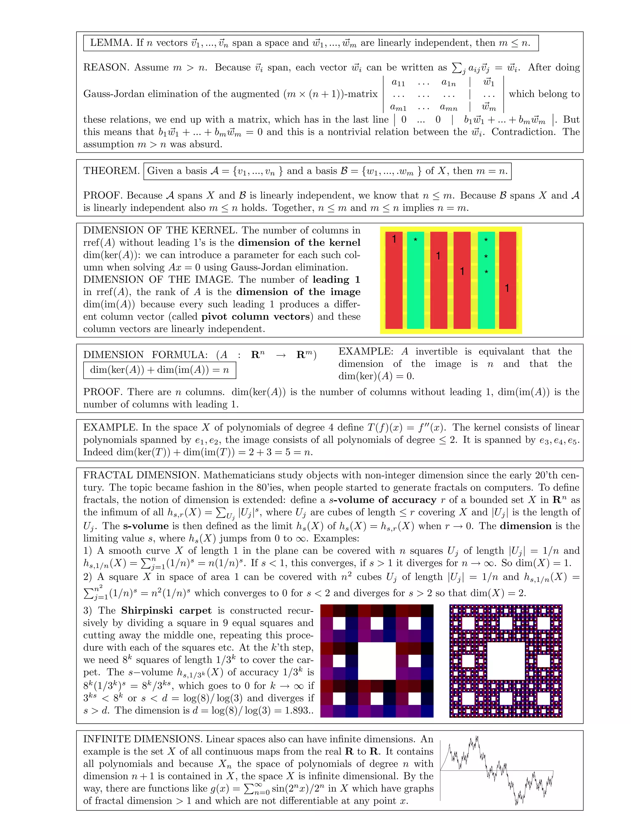 LEMMA. If n vectors v1, ..., vn span a space and w1, ..., wm are linearly independent, then m ≤ n.
REASON. Assume m > n. Because vi span, each vector wi can be written as j aijvj = wi. After doing
Gauss-Jordan elimination of the augmented (m × (n + 1))-matrix
a11 . . . a1n | w1
. . . . . . . . . | . . .
am1 . . . amn | wm
which belong to
these relations, we end up with a matrix, which has in the last line 0 ... 0 | b1w1 + ... + bmwm . But
this means that b1w1 + ... + bmwm = 0 and this is a nontrivial relation between the wi. Contradiction. The
assumption m > n was absurd.
THEOREM. Given a basis A = {v1, ..., vn } and a basis B = {w1, ..., .wm } of X, then m = n.
PROOF. Because A spans X and B is linearly independent, we know that n ≤ m. Because B spans X and A
is linearly independent also m ≤ n holds. Together, n ≤ m and m ≤ n implies n = m.
DIMENSION OF THE KERNEL. The number of columns in
rref(A) without leading 1’s is the dimension of the kernel
dim(ker(A)): we can introduce a parameter for each such col-
umn when solving Ax = 0 using Gauss-Jordan elimination.
DIMENSION OF THE IMAGE. The number of leading 1
in rref(A), the rank of A is the dimension of the image
dim(im(A)) because every such leading 1 produces a diﬀer-
ent column vector (called pivot column vectors) and these
column vectors are linearly independent.
1
1
1
1
*
*
*
*
DIMENSION FORMULA: (A : Rn
→ Rm
)
dim(ker(A)) + dim(im(A)) = n
EXAMPLE: A invertible is equivalant that the
dimension of the image is n and that the
dim(ker)(A) = 0.
PROOF. There are n columns. dim(ker(A)) is the number of columns without leading 1, dim(im(A)) is the
number of columns with leading 1.
EXAMPLE. In the space X of polynomials of degree 4 deﬁne T(f)(x) = f (x). The kernel consists of linear
polynomials spanned by e1, e2, the image consists of all polynomials of degree ≤ 2. It is spanned by e3, e4, e5.
Indeed dim(ker(T)) + dim(im(T)) = 2 + 3 = 5 = n.
FRACTAL DIMENSION. Mathematicians study objects with non-integer dimension since the early 20’th cen-
tury. The topic became fashion in the 80’ies, when people started to generate fractals on computers. To deﬁne
fractals, the notion of dimension is extended: deﬁne a s-volume of accuracy r of a bounded set X in Rn
as
the inﬁmum of all hs,r(X) = Uj
|Uj|s
, where Uj are cubes of length ≤ r covering X and |Uj| is the length of
Uj. The s-volume is then deﬁned as the limit hs(X) of hs(X) = hs,r(X) when r → 0. The dimension is the
limiting value s, where hs(X) jumps from 0 to ∞. Examples:
1) A smooth curve X of length 1 in the plane can be covered with n squares Uj of length |Uj| = 1/n and
hs,1/n(X) =
n
j=1(1/n)s
= n(1/n)s
. If s < 1, this converges, if s > 1 it diverges for n → ∞. So dim(X) = 1.
2) A square X in space of area 1 can be covered with n2
cubes Uj of length |Uj| = 1/n and hs,1/n(X) =
n2
j=1(1/n)s
= n2
(1/n)s
which converges to 0 for s < 2 and diverges for s > 2 so that dim(X) = 2.
3) The Shirpinski carpet is constructed recur-
sively by dividing a square in 9 equal squares and
cutting away the middle one, repeating this proce-
dure with each of the squares etc. At the k’th step,
we need 8k
squares of length 1/3k
to cover the car-
pet. The s−volume hs,1/3k (X) of accuracy 1/3k
is
8k
(1/3k
)s
= 8k
/3ks
, which goes to 0 for k → ∞ if
3ks
< 8k
or s < d = log(8)/ log(3) and diverges if
s > d. The dimension is d = log(8)/ log(3) = 1.893..
INFINITE DIMENSIONS. Linear spaces also can have inﬁnite dimensions. An
example is the set X of all continuous maps from the real R to R. It contains
all polynomials and because Xn the space of polynomials of degree n with
dimension n + 1 is contained in X, the space X is inﬁnite dimensional. By the
way, there are functions like g(x) =
∞
n=0 sin(2n
x)/2n
in X which have graphs
of fractal dimension > 1 and which are not diﬀerentiable at any point x.
 