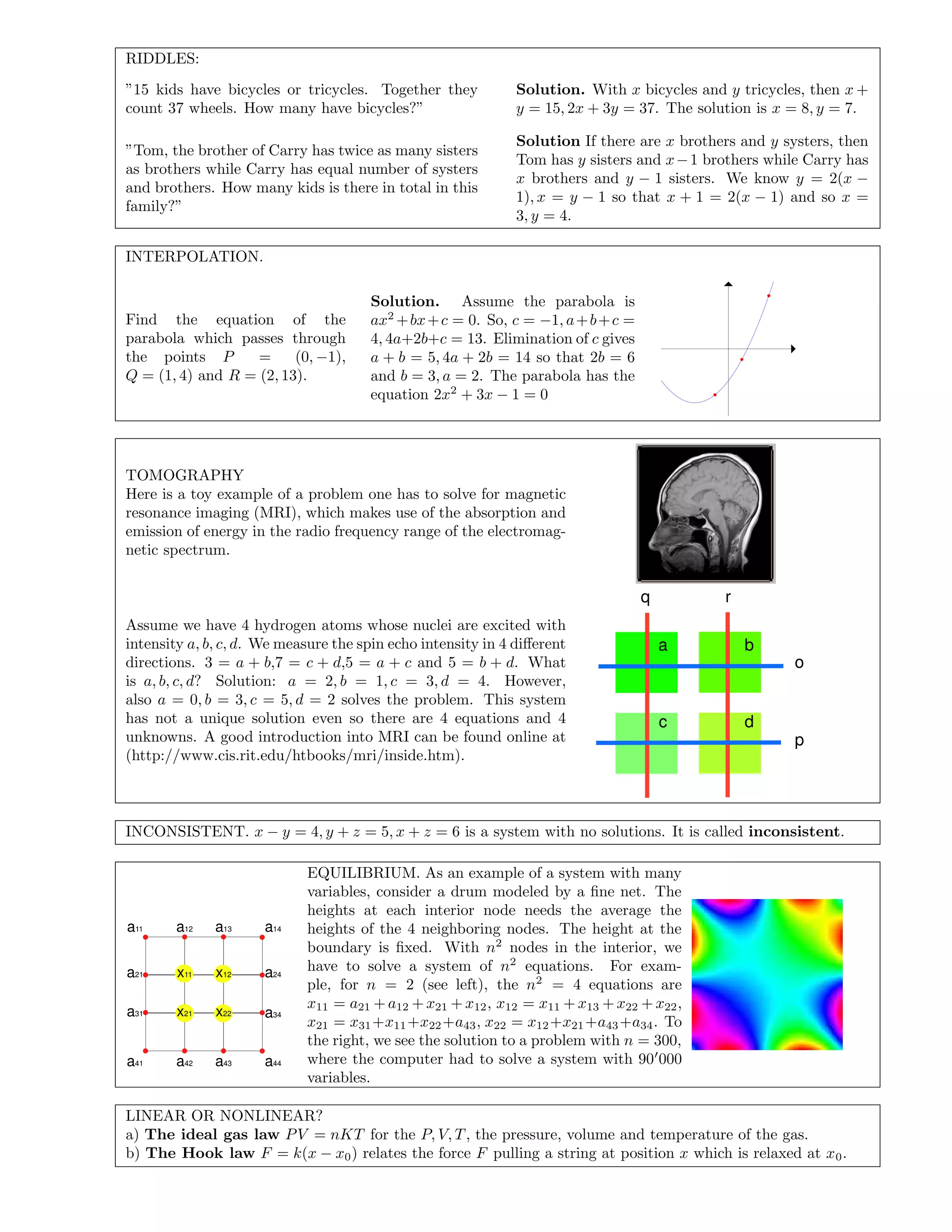 RIDDLES:
”15 kids have bicycles or tricycles. Together they
count 37 wheels. How many have bicycles?”
Solution. With x bicycles and y tricycles, then x +
y = 15, 2x + 3y = 37. The solution is x = 8, y = 7.
”Tom, the brother of Carry has twice as many sisters
as brothers while Carry has equal number of systers
and brothers. How many kids is there in total in this
family?”
Solution If there are x brothers and y systers, then
Tom has y sisters and x−1 brothers while Carry has
x brothers and y − 1 sisters. We know y = 2(x −
1), x = y − 1 so that x + 1 = 2(x − 1) and so x =
3, y = 4.
INTERPOLATION.
Find the equation of the
parabola which passes through
the points P = (0, −1),
Q = (1, 4) and R = (2, 13).
Solution. Assume the parabola is
ax2
+bx+c = 0. So, c = −1, a+b+c =
4, 4a+2b+c = 13. Elimination of c gives
a + b = 5, 4a + 2b = 14 so that 2b = 6
and b = 3, a = 2. The parabola has the
equation 2x2
+ 3x − 1 = 0
TOMOGRAPHY
Here is a toy example of a problem one has to solve for magnetic
resonance imaging (MRI), which makes use of the absorption and
emission of energy in the radio frequency range of the electromag-
netic spectrum.
Assume we have 4 hydrogen atoms whose nuclei are excited with
intensity a, b, c, d. We measure the spin echo intensity in 4 diﬀerent
directions. 3 = a + b,7 = c + d,5 = a + c and 5 = b + d. What
is a, b, c, d? Solution: a = 2, b = 1, c = 3, d = 4. However,
also a = 0, b = 3, c = 5, d = 2 solves the problem. This system
has not a unique solution even so there are 4 equations and 4
unknowns. A good introduction into MRI can be found online at
(http://www.cis.rit.edu/htbooks/mri/inside.htm).
o
p
q r
a b
c d
INCONSISTENT. x − y = 4, y + z = 5, x + z = 6 is a system with no solutions. It is called inconsistent.
x11 x12
x21 x22
a11 a12 a13 a14
a21 a24
a31 a34
a41 a42 a43 a44
EQUILIBRIUM. As an example of a system with many
variables, consider a drum modeled by a ﬁne net. The
heights at each interior node needs the average the
heights of the 4 neighboring nodes. The height at the
boundary is ﬁxed. With n2
nodes in the interior, we
have to solve a system of n2
equations. For exam-
ple, for n = 2 (see left), the n2
= 4 equations are
x11 = a21 + a12 + x21 + x12, x12 = x11 + x13 + x22 + x22,
x21 = x31+x11+x22+a43, x22 = x12+x21+a43+a34. To
the right, we see the solution to a problem with n = 300,
where the computer had to solve a system with 90 000
variables.
LINEAR OR NONLINEAR?
a) The ideal gas law PV = nKT for the P, V, T, the pressure, volume and temperature of the gas.
b) The Hook law F = k(x − x0) relates the force F pulling a string at position x which is relaxed at x0.
 