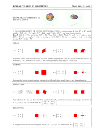LINEAR TRAFOS IN GEOMETRY Math 21b, O. Knill
LINEAR TRANSFORMATIONS DE-
FORMING A BODY
A CHARACTERIZATION OF LINEAR TRANSFORMATIONS: a transformation T from Rn
to Rm
which
satisﬁes T(0) = 0, T(x + y) = T(x) + T(y) and T(λx) = λT(x) is a linear transformation.
Proof. Call vi = T(ei) and deﬁne S(x) = Ax. Then S(ei) = T(ei). With x = x1e1 + ... + xnen, we have
T(x) = T(x1e1 + ... + xnen) = x1v1 + ... + xnvn as well as S(x) = A(x1e1 + ... + xnen) = x1v1 + ... + xnvn
proving T(x) = S(x) = Ax.
SHEAR:
A =
1 0
1 1
A =
1 1
0 1
In general, shears are transformation in the plane with the property that there is a vector w such that T(w) = w
and T(x) − x is a multiple of w for all x. If u is orthogonal to w, then T(x) = x + (u · x)w.
SCALING:
A =
2 0
0 2
A =
1/2 0
0 1/2
One can also look at transformations which scale x diﬀerently then y and where A is a diagonal matrix.
REFLECTION:
A =
cos(2α) sin(2α)
sin(2α) − cos(2α)
A =
1 0
0 −1
Any reﬂection at a line has the form of the matrix to the left. A reﬂection at a line containing a unit vector u
is T(x) = 2(x · u)u − x with matrix A =
2u2
1 − 1 2u1u2
2u1u2 2u2
2 − 1
PROJECTION:
A =
1 0
0 0
A =
0 0
0 1
A projection onto a line containing unit vector u is T(x) = (x · u)u with matrix A =
u1u1 u2u1
u1u2 u2u2
 