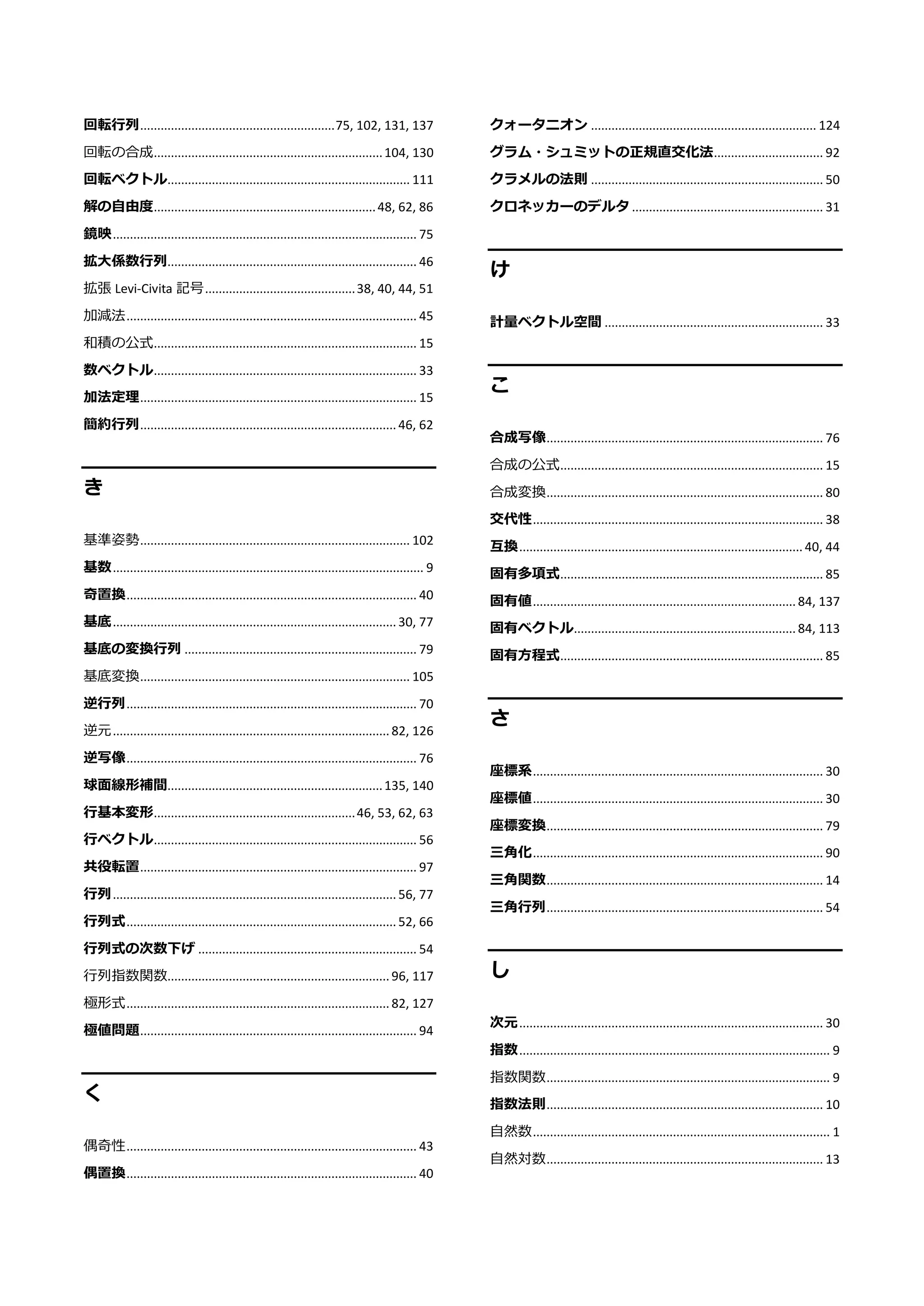 回転行列.........................................................75, 102, 131, 137
回転の合成...................................................................104, 130
回転ベクトル....................................................................... 111
解の自由度.................................................................48, 62, 86
鏡映......................................................................................... 75
拡大係数行列......................................................................... 46
拡張 Levi-Civita 記号............................................38, 40, 44, 51
加減法..................................................................................... 45
和積の公式............................................................................. 15
数ベクトル............................................................................. 33
加法定理................................................................................. 15
簡約行列...........................................................................46, 62
き
基準姿勢............................................................................... 102
基数........................................................................................... 9
奇置換..................................................................................... 40
基底...................................................................................30, 77
基底の変換行列 .................................................................... 79
基底変換............................................................................... 105
逆行列..................................................................................... 70
逆元.................................................................................82, 126
逆写像..................................................................................... 76
球面線形補間...............................................................135, 140
行基本変形...........................................................46, 53, 62, 63
行ベクトル............................................................................. 56
共役転置................................................................................. 97
行列...................................................................................56, 77
行列式...............................................................................52, 66
行列式の次数下げ ................................................................ 54
行列指数関数.................................................................96, 117
極形式.............................................................................82, 127
極値問題................................................................................. 94
く
偶奇性..................................................................................... 43
偶置換..................................................................................... 40
クォータニオン .................................................................. 124
グラム・シュミットの正規直交化法................................ 92
クラメルの法則 .................................................................... 50
クロネッカーのデルタ ........................................................ 31
け
計量ベクトル空間 ................................................................ 33
こ
合成写像................................................................................. 76
合成の公式............................................................................. 15
合成変換................................................................................. 80
交代性..................................................................................... 38
互換................................................................................... 40, 44
固有多項式............................................................................. 85
固有値.............................................................................84, 137
固有ベクトル.................................................................84, 113
固有方程式............................................................................. 85
さ
座標系..................................................................................... 30
座標値..................................................................................... 30
座標変換................................................................................. 79
三角化..................................................................................... 90
三角関数................................................................................. 14
三角行列................................................................................. 54
し
次元......................................................................................... 30
指数........................................................................................... 9
指数関数................................................................................... 9
指数法則................................................................................. 10
自然数....................................................................................... 1
自然対数................................................................................. 13
 