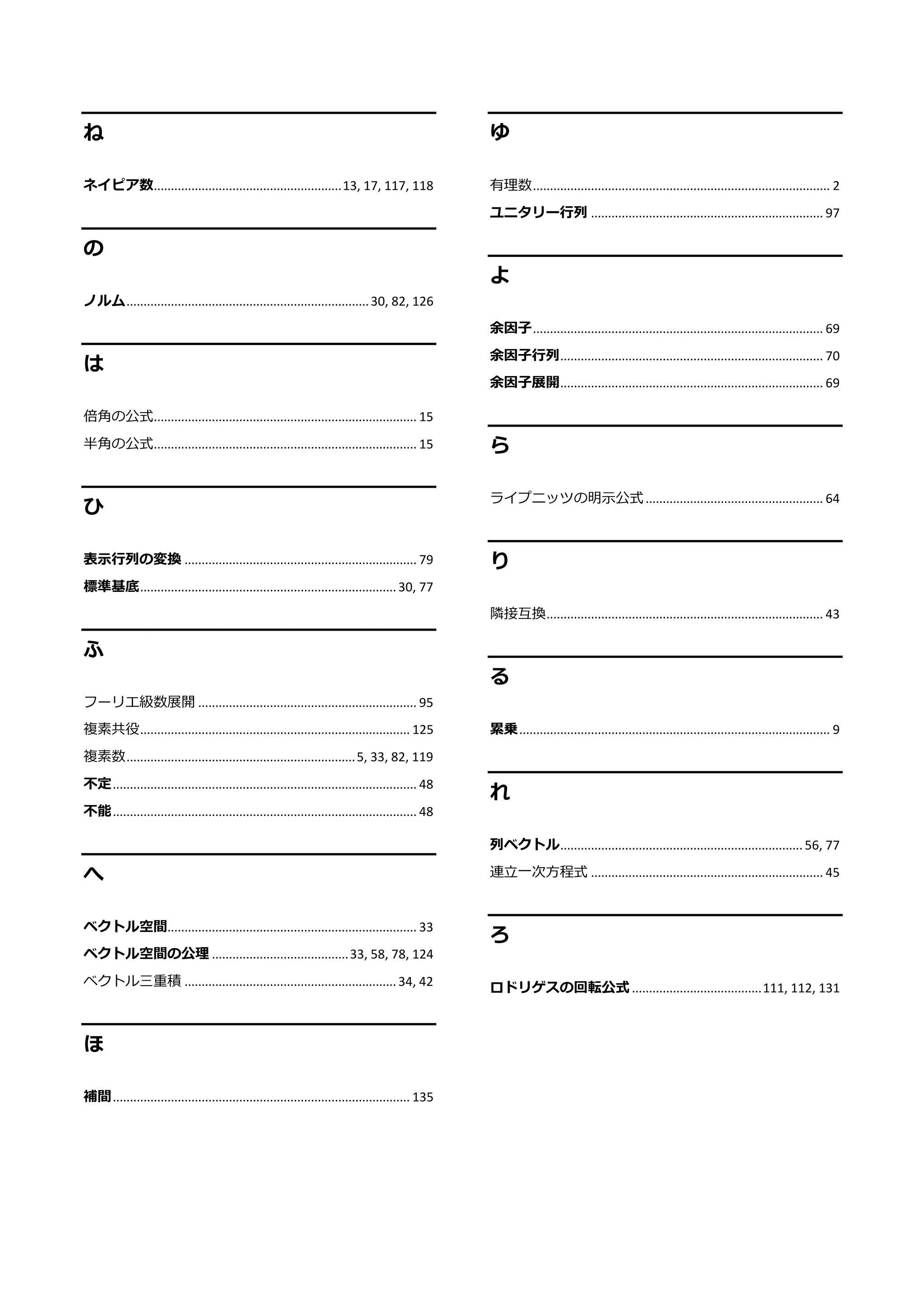 ね
ネイピア数.......................................................13, 17, 117, 118
の
ノルム.......................................................................30, 82, 126
は
倍角の公式............................................................................. 15
半角の公式............................................................................. 15
ひ
表示行列の変換 .................................................................... 79
標準基底...........................................................................30, 77
ふ
フーリエ級数展開 ................................................................ 95
複素共役............................................................................... 125
複素数...................................................................5, 33, 82, 119
不定......................................................................................... 48
不能......................................................................................... 48
へ
ベクトル空間......................................................................... 33
ベクトル空間の公理 ........................................33, 58, 78, 124
ベクトル三重積 .............................................................. 34, 42
ほ
補間....................................................................................... 135
ゆ
有理数....................................................................................... 2
ユニタリー行列 .................................................................... 97
よ
余因子..................................................................................... 69
余因子行列............................................................................. 70
余因子展開............................................................................. 69
ら
ライプニッツの明示公式.................................................... 64
り
隣接互換................................................................................. 43
る
累乗........................................................................................... 9
れ
列ベクトル....................................................................... 56, 77
連立一次方程式 .................................................................... 45
ろ
ロドリゲスの回転公式 ......................................111, 112, 131
 