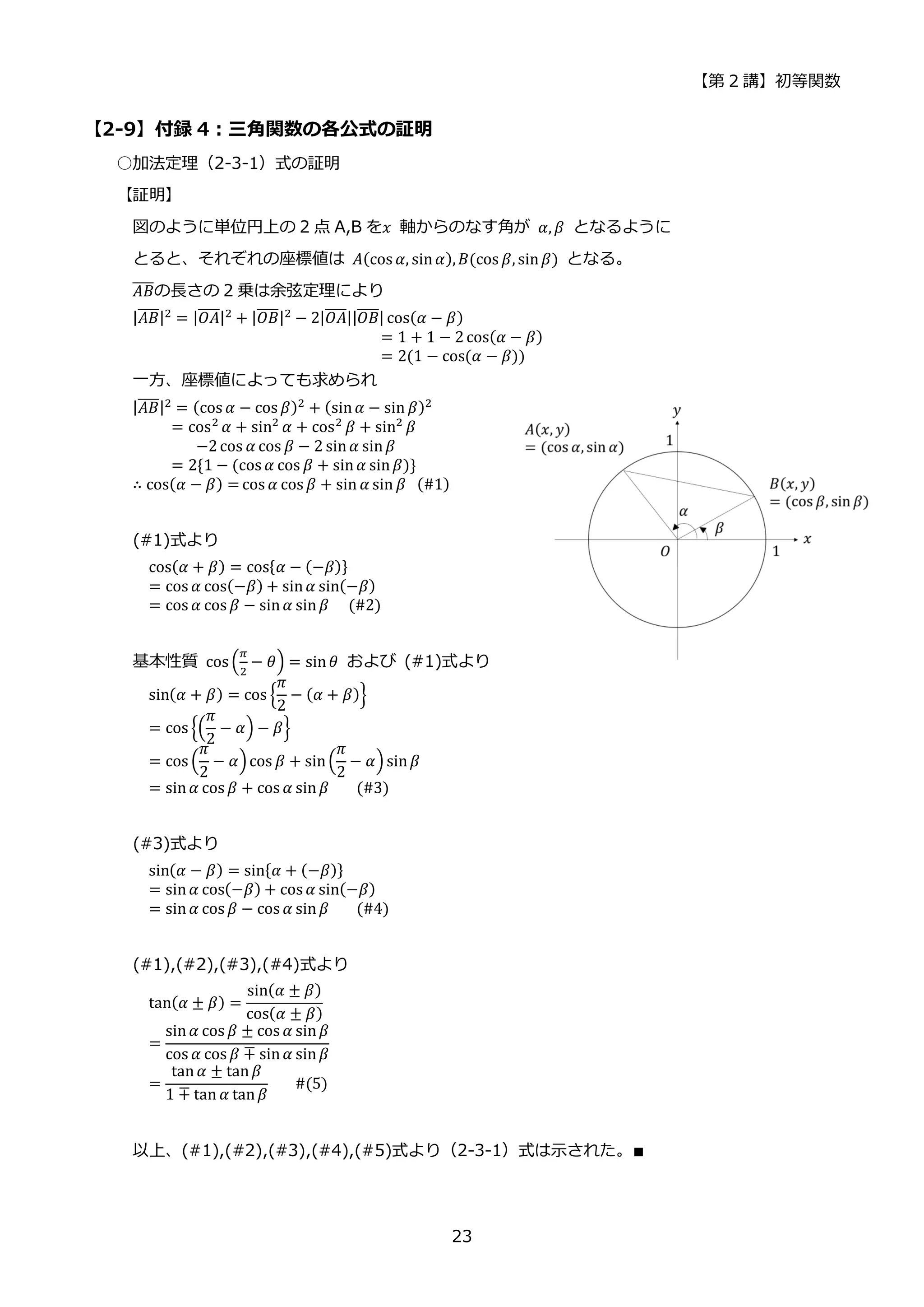 【第 2 講】初等関数
23
【2-9】付録 4：三角関数の各公式の証明
○加法定理（2-3-1）式の証明
【証明】
図のように単位円上の 2 点 A,B を𝑥 軸からのなす角が 𝛼, 𝛽 となるように
とると、それぞれの座標値は 𝐴(cos 𝛼, sin𝛼),𝐵(cos 𝛽, sin𝛽) となる。
𝐴𝐵
̅̅̅̅の長さの 2 乗は余弦定理により
|𝐴𝐵
̅̅̅̅|2 = |𝑂𝐴
̅̅̅̅|2 + |𝑂𝐵
̅̅̅̅|2 − 2|𝑂𝐴
̅̅̅̅||𝑂𝐵
̅̅̅̅| cos(𝛼 − 𝛽)
= 1 + 1 − 2cos(𝛼 − 𝛽)
= 2(1 − cos(𝛼 − 𝛽))
一方、座標値によっても求められ
|𝐴𝐵
̅̅̅̅|2
= (cos 𝛼 − cos 𝛽)2
+ (sin𝛼 − sin 𝛽)2
= cos2 𝛼 + sin2 𝛼 + cos2 𝛽 + sin2 𝛽
⁡ ⁡ ⁡ −2cos 𝛼 cos 𝛽 − 2 sin𝛼 sin𝛽
= 2{1 − (cos 𝛼 cos 𝛽 + sin𝛼 sin𝛽)}
∴ cos(𝛼 − 𝛽) = cos 𝛼 cos 𝛽 + sin 𝛼 sin 𝛽⁡ (#1)
(#1)式より
cos(𝛼 + 𝛽) = cos{𝛼 − (−𝛽)}
= cos 𝛼 cos(−𝛽) + sin𝛼 sin(−𝛽)
= cos 𝛼 cos 𝛽 − sin𝛼 sin𝛽⁡ ⁡ (#2)
基本性質 cos (
𝜋
2
− 𝜃) = sin𝜃 および (#1)式より
sin(𝛼 + 𝛽) = cos {
𝜋
2
− (𝛼 + 𝛽)}
= cos {(
𝜋
2
− 𝛼) − 𝛽}
= cos (
𝜋
2
− 𝛼)cos 𝛽 + sin(
𝜋
2
− 𝛼) sin𝛽
= sin𝛼 cos 𝛽 + cos 𝛼 sin𝛽⁡ ⁡ ⁡ (#3)
(#3)式より
sin(𝛼 − 𝛽) = sin{𝛼 + (−𝛽)}
= sin𝛼 cos(−𝛽) + cos 𝛼 sin(−𝛽)
= sin𝛼 cos 𝛽 − cos 𝛼 sin𝛽⁡ ⁡ ⁡ (#4)
(#1),(#2),(#3),(#4)式より
tan(𝛼 ± 𝛽) =
sin(𝛼 ± 𝛽)
cos(𝛼 ± 𝛽)
=
sin𝛼 cos 𝛽 ± cos 𝛼 sin𝛽
cos 𝛼 cos 𝛽 ∓ sin𝛼 sin𝛽
=
tan𝛼 ± tan𝛽
1 ∓ tan 𝛼 tan𝛽
⁡ ⁡ ⁡ #(5)
以上、(#1),(#2),(#3),(#4),(#5)式より（2-3-1）式は示された。∎
 