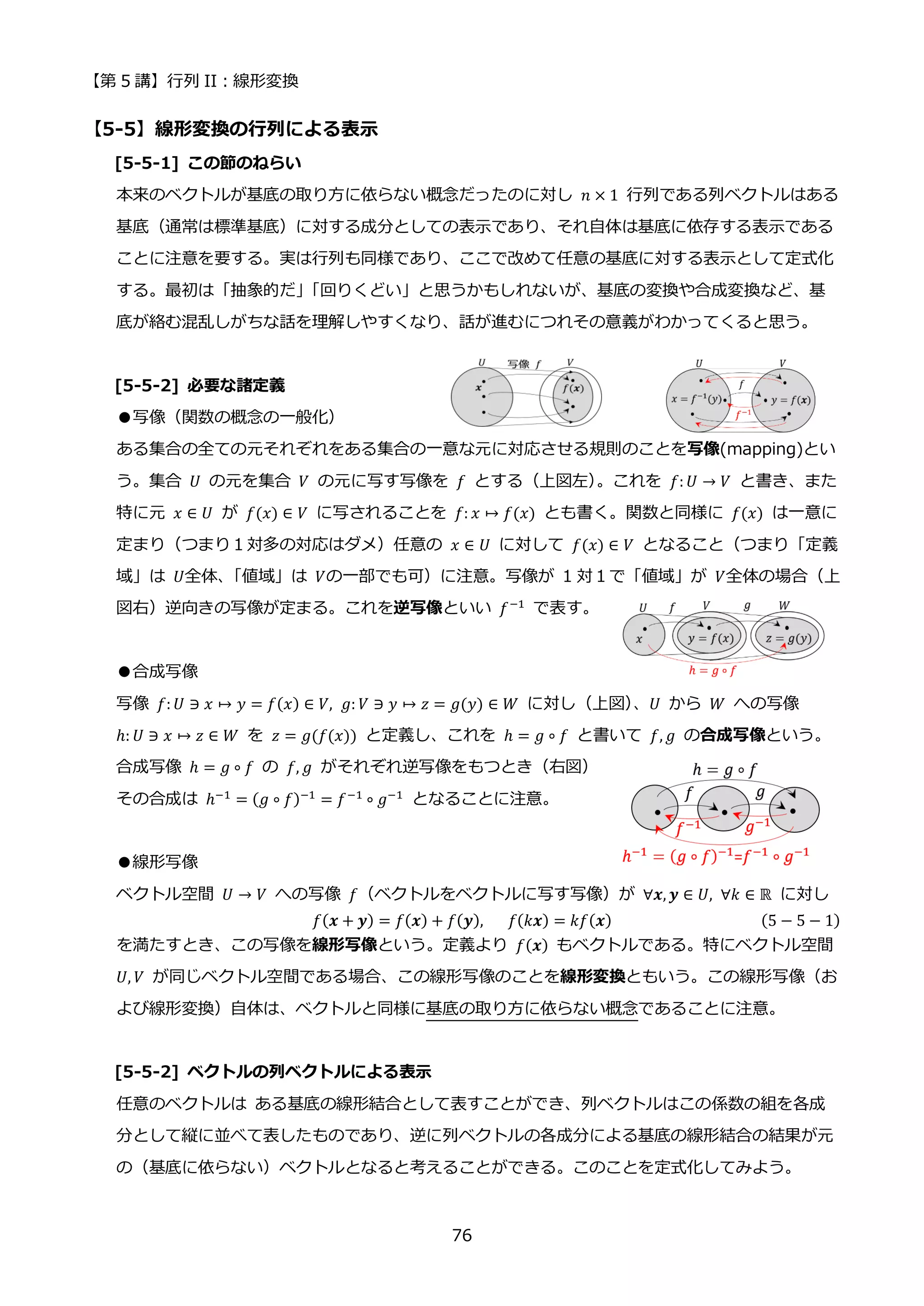 【第 5 講】行列 II：線形変換
76
【5-5】線形変換の行列による表示
[5-5-1] この節のねらい
本来のベクトルが基底の取り方に依らない概念だったのに対し 𝑛 × 1 行列である列ベクトルはある
基底（通常は標準基底）に対する成分としての表示であり、それ自体は基底に依存する表示である
ことに注意を要する。実は行列も同様であり、ここで改めて任意の基底に対する表示として定式化
する。最初は「抽象的だ」
「回りくどい」と思うかもしれないが、基底の変換や合成変換など、基
底が絡む混乱しがちな話を理解しやすくなり、話が進むにつれその意義がわかってくると思う。
[5-5-2] 必要な諸定義
●写像（関数の概念の一般化）
ある集合の全ての元それぞれをある集合の一意な元に対応させる規則のことを写像(mapping)とい
う。集合 𝑈 の元を集合 𝑉 の元に写す写像を 𝑓 とする（上図左）
。これを 𝑓: 𝑈 → 𝑉 と書き、また
特に元 𝑥 ∈ 𝑈 が 𝑓(𝑥) ∈ 𝑉 に写されることを 𝑓: 𝑥 ↦ 𝑓(𝑥) とも書く。関数と同様に 𝑓(𝑥) は一意に
定まり（つまり１対多の対応はダメ）任意の 𝑥 ∈ 𝑈 に対して 𝑓(𝑥) ∈ 𝑉 となること（つまり「定義
域」は 𝑈全体、
「値域」は 𝑉の一部でも可）に注意。写像が 1 対１で「値域」が 𝑉全体の場合（上
図右）逆向きの写像が定まる。これを逆写像といい 𝑓−1
で表す。
●合成写像
写像 𝑓: 𝑈 ∋ 𝑥 ↦ 𝑦 = 𝑓(𝑥) ∈ 𝑉, 𝑔: 𝑉 ∋ 𝑦 ↦ 𝑧 = 𝑔(𝑦) ∈ 𝑊 に対し（上図）
、𝑈 から 𝑊 への写像
ℎ: 𝑈 ∋ 𝑥 ↦ 𝑧 ∈ 𝑊 を 𝑧 = 𝑔(𝑓(𝑥)) と定義し、これを ℎ = 𝑔 ∘ 𝑓 と書いて 𝑓, 𝑔 の合成写像という。
合成写像 ℎ = 𝑔 ∘ 𝑓 の 𝑓, 𝑔 がそれぞれ逆写像をもつとき（右図）
その合成は ℎ−1 = (𝑔 ∘ 𝑓)−1 = 𝑓−1 ∘ 𝑔−1 となることに注意。
●線形写像
ベクトル空間 𝑈 → 𝑉 への写像 𝑓（ベクトルをベクトルに写す写像）が ∀𝒙, 𝒚 ∈ 𝑈, ∀𝑘 ∈ ℝ に対し
𝑓(𝒙 + 𝒚) = 𝑓(𝒙) + 𝑓(𝒚),⁡ ⁡ ⁡ 𝑓(𝑘𝒙) = 𝑘𝑓(𝒙) (5 − 5 − 1)
を満たすとき、この写像を線形写像という。定義より 𝑓(𝒙) もベクトルである。特にベクトル空間
𝑈, 𝑉 が同じベクトル空間である場合、この線形写像のことを線形変換ともいう。この線形写像（お
よび線形変換）自体は、ベクトルと同様に基底の取り方に依らない概念であることに注意。
[5-5-2] ベクトルの列ベクトルによる表示
任意のベクトルは ある基底の線形結合として表すことができ、列ベクトルはこの係数の組を各成
分として縦に並べて表したものであり、逆に列ベクトルの各成分による基底の線形結合の結果が元
の（基底に依らない）ベクトルとなると考えることができる。このことを定式化してみよう。
 