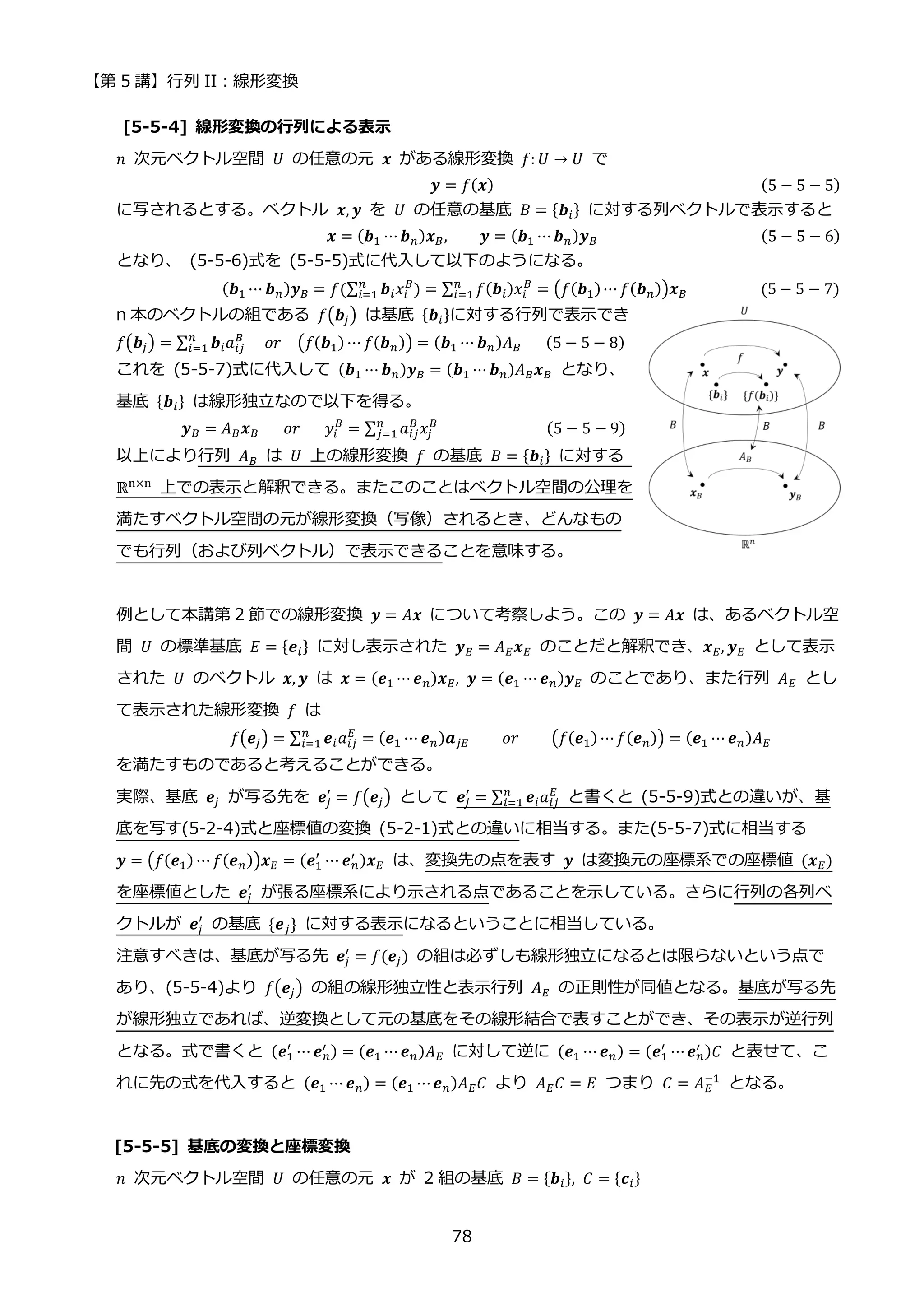 【第 5 講】行列 II：線形変換
78
[5-5-4] 線形変換の行列による表示
𝑛 次元ベクトル空間 𝑈 の任意の元 𝒙 がある線形変換 𝑓: 𝑈 → 𝑈 で
𝒚 = 𝑓(𝒙) (5 − 5 − 5)
に写されるとする。ベクトル 𝒙, 𝒚 を 𝑈 の任意の基底 𝐵 = {𝒃𝑖} に対する列ベクトルで表示すると
𝒙 = (𝒃1 ⋯𝒃𝑛)𝒙𝐵, 𝒚 = (𝒃1 ⋯𝒃𝑛)𝒚𝐵 (5 − 5 − 6)
となり、 (5-5-6)式を (5-5-5)式に代入して以下のようになる。
(𝒃1 ⋯ 𝒃𝑛)𝒚𝐵 = 𝑓(∑ 𝒃𝑖𝑥𝑖
𝐵
)
𝑛
𝑖=1 = ∑ 𝑓(𝒃𝑖)𝑥𝑖
𝐵
𝑛
𝑖=1 = (𝑓(𝒃1)⋯ 𝑓(𝒃𝑛))𝒙𝐵⁡ ⁡ ⁡ ⁡ ⁡ ⁡ ⁡ ⁡ ⁡ (5 − 5 − 7)
n 本のベクトルの組である 𝑓(𝒃𝑗) は基底 {𝒃𝑖}に対する行列で表示でき
𝑓(𝒃𝑗) = ∑ 𝒃𝑖𝑎𝑖𝑗
𝐵
𝑛
𝑖=1 ⁡ ⁡ 𝑜𝑟⁡ ⁡ (𝑓(𝒃1) ⋯ 𝑓(𝒃𝑛)) = (𝒃1 ⋯ 𝒃𝑛)𝐴𝐵⁡ ⁡ ⁡ (5 − 5 − 8)
これを (5-5-7)式に代入して (𝒃1 ⋯ 𝒃𝑛)𝒚𝐵 = (𝒃1 ⋯ 𝒃𝑛)𝐴𝐵𝒙𝐵 となり、
基底 {𝒃𝑖} は線形独立なので以下を得る。
𝒚𝐵 = 𝐴𝐵𝒙𝐵⁡ ⁡ ⁡ 𝑜𝑟⁡ ⁡ ⁡ 𝑦𝑖
𝐵
= ∑ 𝑎𝑖𝑗
𝐵
𝑥𝑗
𝐵
𝑛
𝑗=1 ⁡ ⁡ ⁡ ⁡ ⁡ ⁡ ⁡ ⁡ ⁡ ⁡ ⁡ ⁡ ⁡ (5 − 5 − 9)
以上により行列 𝐴𝐵 は 𝑈 上の線形変換 𝑓 の基底 𝐵 = {𝒃𝑖} に対する
ℝn×n
上での表示と解釈できる。またこのことはベクトル空間の公理を
満たすベクトル空間の元が線形変換（写像）されるとき、どんなもの
でも行列（および列ベクトル）で表示できることを意味する。
例として本講第 2 節での線形変換 𝒚 = 𝐴𝒙 について考察しよう。この 𝒚 = 𝐴𝒙 は、あるベクトル空
間 𝑈 の標準基底 𝐸 = {𝒆𝑖} に対し表示された 𝒚𝐸 = 𝐴𝐸𝒙𝐸 のことだと解釈でき、𝒙𝐸, 𝒚𝐸 として表示
された 𝑈 のベクトル 𝒙, 𝒚 は 𝒙 = (𝒆1 ⋯ 𝒆𝑛)𝒙𝐸, 𝒚 = (𝒆1 ⋯ 𝒆𝑛)𝒚𝐸 のことであり、また行列 𝐴𝐸 とし
て表示された線形変換 𝑓 は
𝑓(𝒆𝑗) = ∑ 𝒆𝑖𝑎𝑖𝑗
𝐸
𝑛
𝑖=1 = (𝒆1 ⋯ 𝒆𝑛)𝒂𝑗𝐸⁡ ⁡ ⁡ ⁡ 𝑜𝑟⁡ ⁡ ⁡ ⁡ (𝑓(𝒆1) ⋯𝑓(𝒆𝑛)) = (𝒆1 ⋯ 𝒆𝑛)𝐴𝐸
を満たすものであると考えることができる。
実際、基底 𝒆𝑗 が写る先を 𝒆𝑗
′
= 𝑓(𝒆𝑗) として 𝒆𝑗
′
= ∑ 𝒆𝑖𝑎𝑖𝑗
𝐸
𝑛
𝑖=1 と書くと (5-5-9)式との違いが、基
底を写す(5-2-4)式と座標値の変換 (5-2-1)式との違いに相当する。また(5-5-7)式に相当する
𝒚 = (𝑓(𝒆1) ⋯𝑓(𝒆𝑛))𝒙𝐸 = (𝒆1
′
⋯ 𝒆𝑛
′ )𝒙𝐸 は、変換先の点を表す 𝒚 は変換元の座標系での座標値 (𝒙𝐸)
を座標値とした 𝒆𝑗
′
が張る座標系により示される点であることを示している。さらに行列の各列ベ
クトルが 𝒆𝑗
′
の基底 {𝒆𝑗} に対する表示になるということに相当している。
注意すべきは、基底が写る先 𝒆𝑗
′
= 𝑓(𝒆𝑗) の組は必ずしも線形独立になるとは限らないという点で
あり、(5-5-4)より 𝑓(𝒆𝑗) の組の線形独立性と表示行列 𝐴𝐸 の正則性が同値となる。基底が写る先
が線形独立であれば、逆変換として元の基底をその線形結合で表すことができ、その表示が逆行列
となる。式で書くと (𝒆1
′
⋯ 𝒆𝑛
′ ) = (𝒆1 ⋯𝒆𝑛)𝐴𝐸 に対して逆に (𝒆1 ⋯𝒆𝑛) = (𝒆1
′
⋯𝒆𝑛
′ )𝐶 と表せて、こ
れに先の式を代入すると (𝒆1 ⋯ 𝒆𝑛) = (𝒆1 ⋯𝒆𝑛)𝐴𝐸𝐶 より 𝐴𝐸𝐶 = 𝐸 つまり 𝐶 = 𝐴𝐸
−1
となる。
[5-5-5] 基底の変換と座標変換
𝑛 次元ベクトル空間 𝑈 の任意の元 𝒙 が 2 組の基底 𝐵 = {𝒃𝑖}, 𝐶 = {𝒄𝑖}
 