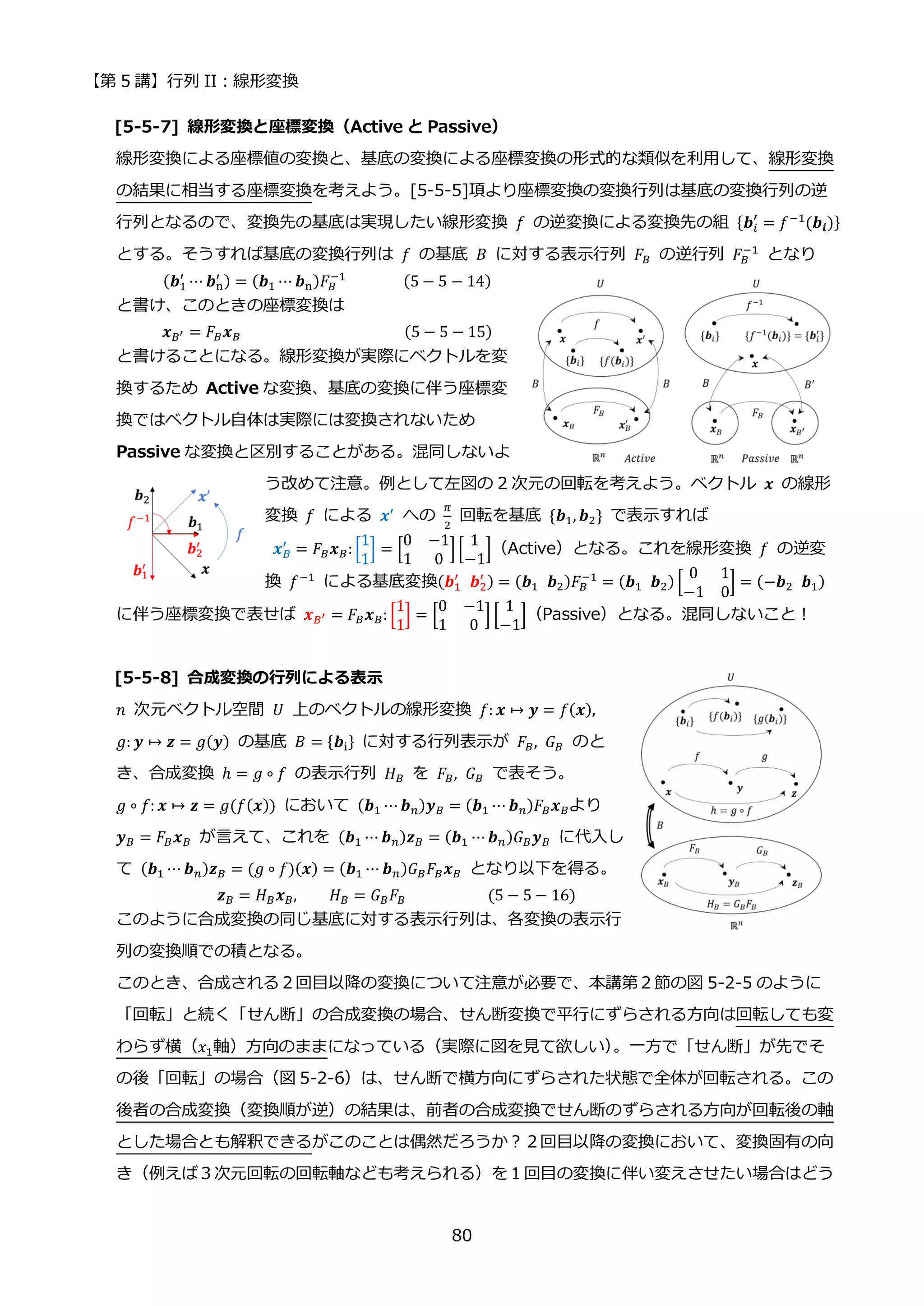 【第 5 講】行列 II：線形変換
80
[5-5-7] 線形変換と座標変換（Active と Passive）
線形変換による座標値の変換と、基底の変換による座標変換の形式的な類似を利用して、線形変換
の結果に相当する座標変換を考えよう。[5-5-5]項より座標変換の変換行列は基底の変換行列の逆
行列となるので、変換先の基底は実現したい線形変換 𝑓 の逆変換による変換先の組 {𝒃𝑖
′
= 𝑓−1
(𝒃𝒊)}
とする。そうすれば基底の変換行列は 𝑓 の基底 𝐵 に対する表示行列 𝐹𝐵 の逆行列 𝐹𝐵
−1
となり
⁡ ⁡ ⁡ (𝒃1
′
⋯ 𝒃n
′ ) = (𝒃1 ⋯ 𝒃n)𝐹𝐵
−1
⁡ ⁡ ⁡ ⁡ ⁡ ⁡ ⁡ (5 − 5 − 14)
と書け、このときの座標変換は
⁡ ⁡ ⁡ 𝒙𝐵′ = 𝐹𝐵𝒙𝐵⁡ ⁡ ⁡ ⁡ ⁡ ⁡ ⁡ ⁡ ⁡ ⁡ ⁡ ⁡ ⁡ ⁡ ⁡ ⁡ ⁡ ⁡ ⁡ ⁡ (5 − 5 − 15)
と書けることになる。線形変換が実際にベクトルを変
換するため Active な変換、基底の変換に伴う座標変
換ではベクトル自体は実際には変換されないため
Passive な変換と区別することがある。混同しないよ
う改めて注意。例として左図の 2 次元の回転を考えよう。ベクトル 𝒙 の線形
変換 𝑓 による 𝒙′ への
𝜋
2
回転を基底 {𝒃1, 𝒃2} で表示すれば
𝒙𝐵
′
= 𝐹𝐵𝒙𝐵: [
1
1
] = [
0 −1
1 0
][
1
−1
]（Active）となる。これを線形変換 𝑓 の逆変
換 𝑓−1
による基底変換(𝒃1
′
⁡ 𝒃2
′ ) = (𝒃1⁡ 𝒃2)𝐹𝐵
−1
= (𝒃1⁡ 𝒃2) [
0 1
−1 0
] = (−𝒃2⁡ 𝒃1)
に伴う座標変換で表せば 𝒙𝐵′ = 𝐹𝐵𝒙𝐵: [
1
1
] = [
0 −1
1 0
] [
1
−1
]（Passive）となる。混同しないこと！
[5-5-8] 合成変換の行列による表示
𝑛 次元ベクトル空間 𝑈 上のベクトルの線形変換 𝑓: 𝒙 ↦ 𝒚 = 𝑓(𝒙),
𝑔: 𝒚 ↦ 𝒛 = 𝑔(𝒚) の基底 𝐵 = {𝒃i} に対する行列表示が 𝐹𝐵, 𝐺𝐵 のと
き、合成変換 ℎ = 𝑔 ∘ 𝑓 の表示行列 𝐻𝐵 を 𝐹𝐵, 𝐺𝐵 で表そう。
𝑔 ∘ 𝑓: 𝒙 ↦ 𝒛 = 𝑔(𝑓(𝒙)) において (𝒃1 ⋯ 𝒃𝑛)𝒚𝐵 = (𝒃1 ⋯ 𝒃𝑛)𝐹𝐵𝒙𝐵より
𝒚𝐵 = 𝐹𝐵𝒙𝐵 が言えて、これを (𝒃1 ⋯ 𝒃𝑛)𝒛𝐵 = (𝒃1 ⋯𝒃𝑛)𝐺𝐵𝒚𝐵 に代入し
て (𝒃1 ⋯ 𝒃𝑛)𝒛𝐵 = (𝑔 ∘ 𝑓)(𝒙) = (𝒃1 ⋯ 𝒃𝑛)𝐺𝐵𝐹𝐵𝒙𝐵 となり以下を得る。
⁡ ⁡ ⁡ ⁡ ⁡ ⁡ 𝒛𝐵 = 𝐻𝐵𝒙𝐵, 𝐻𝐵 = 𝐺𝐵𝐹𝐵⁡ ⁡ ⁡ ⁡ ⁡ ⁡ ⁡ ⁡ ⁡ ⁡ (5 − 5 − 16)
このように合成変換の同じ基底に対する表示行列は、各変換の表示行
列の変換順での積となる。
このとき、合成される２回目以降の変換について注意が必要で、本講第２節の図 5-2-5 のように
「回転」と続く「せん断」の合成変換の場合、せん断変換で平行にずらされる方向は回転しても変
わらず横（𝑥1軸）方向のままになっている（実際に図を見て欲しい）
。一方で「せん断」が先でそ
の後「回転」の場合（図 5-2-6）は、せん断で横方向にずらされた状態で全体が回転される。この
後者の合成変換（変換順が逆）の結果は、前者の合成変換でせん断のずらされる方向が回転後の軸
とした場合とも解釈できるがこのことは偶然だろうか？２回目以降の変換において、変換固有の向
き（例えば３次元回転の回転軸なども考えられる）を１回目の変換に伴い変えさせたい場合はどう
 