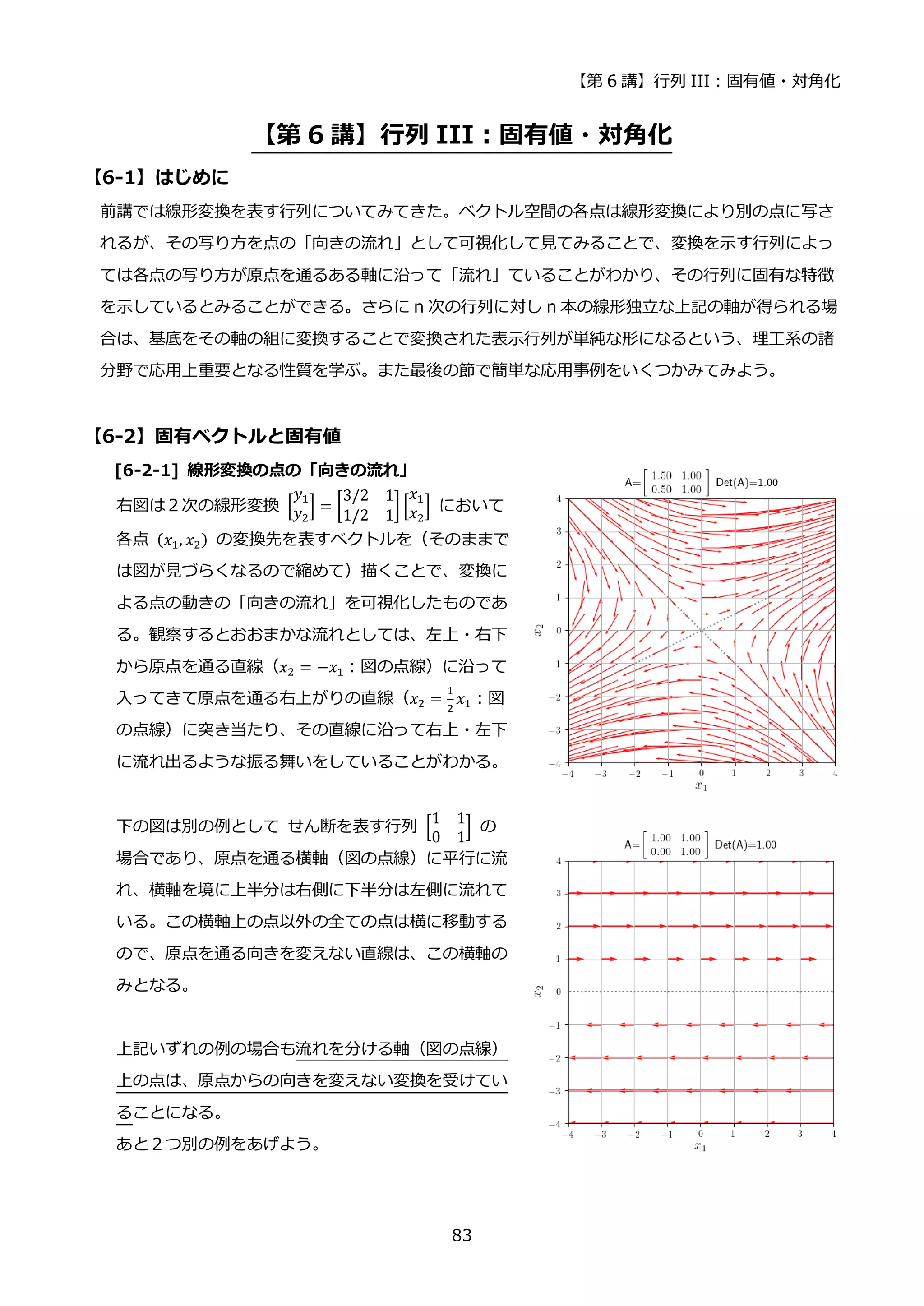 【第 6 講】行列 III：固有値・対角化
83
【第 6 講】行列 III：固有値・対角化
【6-1】はじめに
前講では線形変換を表す行列についてみてきた。ベクトル空間の各点は線形変換により別の点に写さ
れるが、その写り方を点の「向きの流れ」として可視化して見てみることで、変換を示す行列によっ
ては各点の写り方が原点を通るある軸に沿って「流れ」ていることがわかり、その行列に固有な特徴
を示しているとみることができる。さらに n 次の行列に対し n 本の線形独立な上記の軸が得られる場
合は、基底をその軸の組に変換することで変換された表示行列が単純な形になるという、理工系の諸
分野で応用上重要となる性質を学ぶ。また最後の節で簡単な応用事例をいくつかみてみよう。
【6-2】固有ベクトルと固有値
[6-2-1] 線形変換の点の「向きの流れ」
右図は２次の線形変換 [
𝑦1
𝑦2
] = [
3/2 1
1/2 1
] [
𝑥1
𝑥2
] において
各点 (𝑥1, 𝑥2) の変換先を表すベクトルを（そのままで
は図が見づらくなるので縮めて）描くことで、変換に
よる点の動きの「向きの流れ」を可視化したものであ
る。観察するとおおまかな流れとしては、左上・右下
から原点を通る直線（𝑥2 = −𝑥1：図の点線）に沿って
入ってきて原点を通る右上がりの直線（𝑥2 =
1
2
𝑥1：図
の点線）に突き当たり、その直線に沿って右上・左下
に流れ出るような振る舞いをしていることがわかる。
下の図は別の例として せん断を表す行列 [
1 1
0 1
] の
場合であり、原点を通る横軸（図の点線）に平行に流
れ、横軸を境に上半分は右側に下半分は左側に流れて
いる。この横軸上の点以外の全ての点は横に移動する
ので、原点を通る向きを変えない直線は、この横軸の
みとなる。
上記いずれの例の場合も流れを分ける軸（図の点線）
上の点は、原点からの向きを変えない変換を受けてい
ることになる。
あと２つ別の例をあげよう。
 