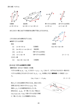 【第 3 講】ベクトル
28
交換則 結合則 零ベクトルの存在 逆ベクトルの存在
𝒂 + 𝒃 = 𝒃 + 𝒂 (𝒂 + 𝒃) + 𝒄 = 𝒂 + (𝒃 + 𝒄) 𝒂 + 𝟎 = 𝒂 𝒂 + (−𝒂) = 𝟎
またスカラー積には以下の性質がある事が下図により示される。
これらをまとめた結果が以下となる。
●幾何ベクトルの性質
加法 分配則
(i) 𝒂 + 𝒃 = 𝒃 + 𝒂 （交換則） 𝑘(𝒂 + 𝒃) = 𝑘𝒂 + 𝑘𝒃
(ii) (𝒂 + 𝒃) + 𝒄 = 𝒂 + (𝒃 + 𝒄) （結合則）
(iii) 𝒂 + 𝟎 = 𝒂 （零ベクトルの存在）
(iv) 𝒂 + (−𝒂) = 𝟎 （逆ベクトルの存在） (3 − 2 − 1)
スカラー積
(v) 𝑘(𝒂 + 𝒃) = 𝑘𝒂 + 𝑘𝒃 （分配則）
[3-2-2] ベクトルの組がもつ性質
●線形結合（または一次結合）の定義
ベクトルの組 𝒂1, 𝒂2, ⋯, 𝒂𝑚 とスカラー 𝑘1, 𝑘2, ⋯ , 𝑘𝑚 において、以下のようなスカラー積された
ベクトルの和をこれらのベクトルの（𝑘1, 𝑘2, ⋯, 𝑘𝑚⁡ を係数とする）線形結合（一次結合）とい
う。
𝑘1𝒂1 + 𝑘2𝒂2 + ⋯+ 𝑘𝑚𝒂𝑚 (3 − 2 − 2)
例として 3 次元空間内で考えてみる。図は 3 次元
空間における 2 本のベクトル 𝒂1,𝒂2 での、
係数 𝑘1, 𝑘2 による線形結合を示している。
図をみると、𝒂1,𝒂2 が「乗っている」平面上に
𝑘1𝒂1, 𝑘2𝒂2, 𝑘1𝒂1 + 𝑘2𝒂2 の各ベクトルが全て同様
に「乗っている」ことが直観的に分かる。
 