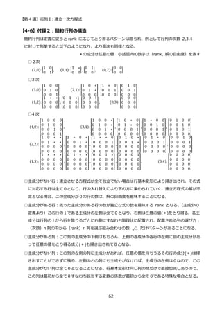 【第 4 講】行列 I：連立一次方程式
62
【4-6】付録２：簡約行列の構造
簡約行列は定義に従うと rank に応じてとり得るパターンは限られ、例として行列の次数 2,3,4
に対して列挙すると以下のようになり、より高次も同様となる。
＊の成分は任意の値 小括弧内の数字は（rank, 解の自由度）を表す
○２次
(2,0): [
1 0
0 1
],⁡ ⁡ ⁡ (1,1): [
1 ∗
0 0
] , [
0 1
0 0
],⁡ ⁡ ⁡ (0,2): [
0 0
0 0
]
○3 次
(3,0): [
1 0 0
0 1 0
0 0 1
],⁡ ⁡ ⁡ ⁡ ⁡ (2,1): [
1 0 ∗
0 1 ∗
0 0 0
], [
1 ∗ 0
0 0 1
0 0 0
] , [
0 1 0
0 0 1
0 0 0
]
(1,2): [
1 ∗ ∗
0 0 0
0 0 0
], [
0 1 ∗
0 0 0
0 0 0
] , [
0 0 1
0 0 0
0 0 0
],⁡ ⁡ ⁡ ⁡ ⁡ (0,3): [
0 0 0
0 0 0
0 0 0
]
○4 次
(4,0): [
1 0 0 0
0 1 0 0
0 0 1 0
0 0 0 1
],⁡ ⁡ ⁡ ⁡ ⁡ ⁡ ⁡ ⁡ (3,1): [
1 0 0 ∗
0 1 0 ∗
0 0 1 ∗
0 0 0 0
] , [
1 0 ∗ 0
0 1 ∗ 0
0 0 0 1
0 0 0 0
], [
1 ∗ 0 0
0 0 1 0
0 0 0 1
0 0 0 0
] , [
0 1 0 0
0 0 1 0
0 0 0 1
0 0 0 0
]
(2,2): [
1 0 ∗ ∗
0 1 ∗ ∗
0 0 0 0
0 0 0 0
] , [
1 ∗ 0 ∗
0 0 1 ∗
0 0 0 0
0 0 0 0
] , [
1 ∗ ∗ 0
0 0 0 1
0 0 0 0
0 0 0 0
] , [
0 1 0 ∗
0 0 1 ∗
0 0 0 0
0 0 0 0
], [
0 1 ∗ 0
0 0 0 1
0 0 0 0
0 0 0 0
] , [
0 0 1 0
0 0 0 1
0 0 0 0
0 0 0 0
]
(1,3): [
1 ∗ ∗ ∗
0 0 0 0
0 0 0 0
0 0 0 0
] , [
0 1 ∗ ∗
0 0 0 0
0 0 0 0
0 0 0 0
] , [
0 0 1 ∗
0 0 0 0
0 0 0 0
0 0 0 0
] , [
0 0 0 1
0 0 0 0
0 0 0 0
0 0 0 0
],⁡ ⁡ ⁡ ⁡ ⁡ ⁡ ⁡ ⁡ (0,4): [
0 0 0 0
0 0 0 0
0 0 0 0
0 0 0 0
]
○主成分がない行：連立させる方程式が全て独立でない場合は行基本変形により掃き出され、その式
に対応する行は全て０となり、行の入れ替えにより下の方に集められていく。連立方程式の解が不
定となる場合、この全成分が０の行の数は、解の自由度を意味することになる。
○主成分がある行：残った主成分のある行の数が独立な式の数を意味する rank となる。
（主成分の
定義より）この行の１である主成分の左側は全て０となり、右側は任意の値(＊)をとり得る。各主
成分は行列の上から行を降りるごとに右側にすなわち階段状に配置され、配置される列の選び方：
（次数）n 列の中から（rank）r 列を選ぶ組み合わせの数 𝐶𝑟
𝑛 だけパターンがあることになる。
○主成分がある列：この列の主成分の下側はもちろん、上側の各成分の各行の左側に別の主成分があ
って任意の値をとり得る成分(＊)も掃き出されて０となる。
○主成分がない列：この列の左側の列に主成分があれば、任意の値を持ちうるその行の成分(＊)は掃
き出すことができずに残る。左側のどの列にも主成分がなければ、主成分の左側は０なので、この
主成分がない列は全て０となることになる。行基本変形は同じ列の間だけで直接加減しあうので、
この列は最初から全て０すなわち該当する変数の係数が最初から全て０である特殊な場合となる。
 