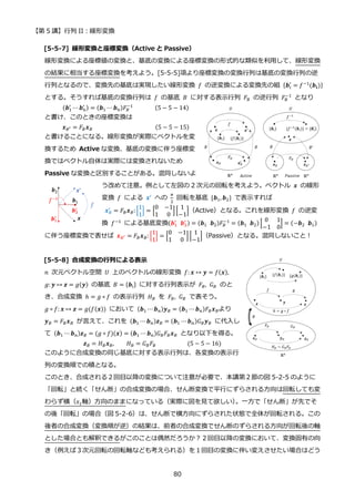 【第 5 講】行列 II：線形変換
80
[5-5-7] 線形変換と座標変換（Active と Passive）
線形変換による座標値の変換と、基底の変換による座標変換の形式的な類似を利用して、線形変換
の結果に相当する座標変換を考えよう。[5-5-5]項より座標変換の変換行列は基底の変換行列の逆
行列となるので、変換先の基底は実現したい線形変換 𝑓 の逆変換による変換先の組 {𝒃𝑖
′
= 𝑓−1
(𝒃𝒊)}
とする。そうすれば基底の変換行列は 𝑓 の基底 𝐵 に対する表示行列 𝐹𝐵 の逆行列 𝐹𝐵
−1
となり
⁡ ⁡ ⁡ (𝒃1
′
⋯ 𝒃n
′ ) = (𝒃1 ⋯ 𝒃n)𝐹𝐵
−1
⁡ ⁡ ⁡ ⁡ ⁡ ⁡ ⁡ (5 − 5 − 14)
と書け、このときの座標変換は
⁡ ⁡ ⁡ 𝒙𝐵′ = 𝐹𝐵𝒙𝐵⁡ ⁡ ⁡ ⁡ ⁡ ⁡ ⁡ ⁡ ⁡ ⁡ ⁡ ⁡ ⁡ ⁡ ⁡ ⁡ ⁡ ⁡ ⁡ ⁡ (5 − 5 − 15)
と書けることになる。線形変換が実際にベクトルを変
換するため Active な変換、基底の変換に伴う座標変
換ではベクトル自体は実際には変換されないため
Passive な変換と区別することがある。混同しないよ
う改めて注意。例として左図の 2 次元の回転を考えよう。ベクトル 𝒙 の線形
変換 𝑓 による 𝒙′ への
𝜋
2
回転を基底 {𝒃1, 𝒃2} で表示すれば
𝒙𝐵
′
= 𝐹𝐵𝒙𝐵: [
1
1
] = [
0 −1
1 0
][
1
−1
]（Active）となる。これを線形変換 𝑓 の逆変
換 𝑓−1
による基底変換(𝒃1
′
⁡ 𝒃2
′ ) = (𝒃1⁡ 𝒃2)𝐹𝐵
−1
= (𝒃1⁡ 𝒃2) [
0 1
−1 0
] = (−𝒃2⁡ 𝒃1)
に伴う座標変換で表せば 𝒙𝐵′ = 𝐹𝐵𝒙𝐵: [
1
1
] = [
0 −1
1 0
] [
1
−1
]（Passive）となる。混同しないこと！
[5-5-8] 合成変換の行列による表示
𝑛 次元ベクトル空間 𝑈 上のベクトルの線形変換 𝑓: 𝒙 ↦ 𝒚 = 𝑓(𝒙),
𝑔: 𝒚 ↦ 𝒛 = 𝑔(𝒚) の基底 𝐵 = {𝒃i} に対する行列表示が 𝐹𝐵, 𝐺𝐵 のと
き、合成変換 ℎ = 𝑔 ∘ 𝑓 の表示行列 𝐻𝐵 を 𝐹𝐵, 𝐺𝐵 で表そう。
𝑔 ∘ 𝑓: 𝒙 ↦ 𝒛 = 𝑔(𝑓(𝒙)) において (𝒃1 ⋯ 𝒃𝑛)𝒚𝐵 = (𝒃1 ⋯ 𝒃𝑛)𝐹𝐵𝒙𝐵より
𝒚𝐵 = 𝐹𝐵𝒙𝐵 が言えて、これを (𝒃1 ⋯ 𝒃𝑛)𝒛𝐵 = (𝒃1 ⋯𝒃𝑛)𝐺𝐵𝒚𝐵 に代入し
て (𝒃1 ⋯ 𝒃𝑛)𝒛𝐵 = (𝑔 ∘ 𝑓)(𝒙) = (𝒃1 ⋯ 𝒃𝑛)𝐺𝐵𝐹𝐵𝒙𝐵 となり以下を得る。
⁡ ⁡ ⁡ ⁡ ⁡ ⁡ 𝒛𝐵 = 𝐻𝐵𝒙𝐵, 𝐻𝐵 = 𝐺𝐵𝐹𝐵⁡ ⁡ ⁡ ⁡ ⁡ ⁡ ⁡ ⁡ ⁡ ⁡ (5 − 5 − 16)
このように合成変換の同じ基底に対する表示行列は、各変換の表示行
列の変換順での積となる。
このとき、合成される２回目以降の変換について注意が必要で、本講第２節の図 5-2-5 のように
「回転」と続く「せん断」の合成変換の場合、せん断変換で平行にずらされる方向は回転しても変
わらず横（𝑥1軸）方向のままになっている（実際に図を見て欲しい）
。一方で「せん断」が先でそ
の後「回転」の場合（図 5-2-6）は、せん断で横方向にずらされた状態で全体が回転される。この
後者の合成変換（変換順が逆）の結果は、前者の合成変換でせん断のずらされる方向が回転後の軸
とした場合とも解釈できるがこのことは偶然だろうか？２回目以降の変換において、変換固有の向
き（例えば３次元回転の回転軸なども考えられる）を１回目の変換に伴い変えさせたい場合はどう
 