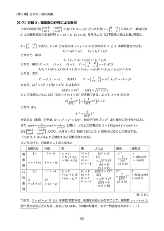 【第 5 講】行列 II：線形変換
82
【5-7】付録 2：複素数の行列による表現
２次の回転行列 [
cos 𝜃 − sin𝜃
sin 𝜃 cos 𝜃
] において 𝜃 = 𝜋/2 とした行列 𝐼 = [
0 −1
1 0
] に対して、単位行列
𝐸 との線形結合である行列 𝑍 = 𝑥𝐸 + 𝑦𝐼⁡ (𝑥, 𝑦 ∈ ℝ) を考えよう（以下登場人物は全員が実数）
。
𝑍 = [
𝑥 −𝑦
𝑦 𝑥 ] であり、𝑍 = 𝑂 となるのは 𝑥 = 𝑦 = 0 のときのみで 𝐸 と 𝐼 は線形独立となる。
𝑍1 = 𝑥1𝐸 + 𝑦1𝐼, 𝑍2 = 𝑥2𝐸 + 𝑦2𝐼
とすると、和は
𝑍1 + 𝑍2 = (𝑥1 + 𝑥2)𝐸 + (𝑦1 + 𝑦2)𝐼
となり、積は 𝐸2 = 𝐸,⁡ ⁡ ⁡ 𝐼𝐸 = 𝐼,⁡ ⁡ ⁡ 𝐸𝐼 = 𝐼,⁡ ⁡ ⁡ 𝐼2 = [
−1 0
0 −1
] = −𝐸 より
𝑍1𝑍2 = (𝑥1𝐸 + 𝑦1𝐼)(𝑥2𝐸 + 𝑦2𝐼) = (𝑥1𝑥2 − 𝑦1𝑦2)𝐸 + (𝑥1𝑦2 + 𝑦1𝑥2)𝐼 = 𝑍2𝑍1
となる。また
𝐸⊤ = 𝐸, 𝐼⊤ = −𝐼 および 𝑍⊤ = [
𝑥 𝑦
−𝑦 𝑥] = 𝑥𝐸𝑇 + 𝑦𝐼𝑇 = 𝑥𝐸 − 𝑦𝐼
となり、𝑍𝑍⊤
= (𝑥2
+ 𝑦2)𝐸 = 𝑍𝑇
𝑍 となるので
‖𝑍‖2𝐸 = 𝑍𝑍⊤⁡ ⁡ ⁡ ⁡ (‖𝑍‖ = √𝑥2 + 𝑦2)
として自然なノルム ‖𝑍‖（‖𝑍‖ = 0 ⇔ 𝑍 = 𝑂）が定義できる。よって 𝑍 ≠ 𝑂 のとき
𝑍 (
1
‖𝑍‖2 𝑍⊤
) = (
1
‖𝑍‖2 𝑍⊤
)𝑍 = 𝐸
となり 逆元
𝑍−1
=
1
‖𝑍‖2
𝑍⊤
が定まる（実際、行列式 |𝑍| = 𝑥2
+ 𝑦2
= ‖𝑍‖2
、余因子行列 𝑍
̃ = 𝑍⊤
より確かに逆行列となる）
。
また cos 𝜃 =
𝑥
√𝑥2+𝑦2
, sin 𝜃 =
𝑦
√𝑥2+𝑦2
と書け、ノルムの定義から 𝑍 = ‖𝑍‖(cos 𝜃 𝐸 + sin𝜃 𝐼) =
‖𝑍‖ [
cos 𝜃 − sin𝜃
sin 𝜃 cos 𝜃
] となり、大きさ１の𝑍 を掛けることは 𝜃 回転させることに相当する。
（つまり 𝑍 はノルムで正規化すると回転行列となる）
。
というわけで、対比表としてまとめると
基底/元 共役 和 積 ノルム 逆元 極形式
複
素
数
1, 𝑖
𝑧 = 𝑥 + 𝑖𝑦
𝑖̅ = −𝑖
𝑧̅ = 𝑥 − 𝑖𝑦
𝑧1 + 𝑧2
= (𝑥1 + 𝑥2)
+ 𝑖(𝑦1 + 𝑦2)
12
= 1
1𝑖 = 𝑖
𝑖1 = 𝑖
𝑖2
= −1
|𝑧|2
= 𝑧𝑧̅
|𝑧|
= √𝑥2 + 𝑦2
(|𝑧| = 0
⇔ 𝑧 = 0)
𝑧−1
=
1
|𝑧|2 𝑧̅
⁡ (𝑧 ≠ 0)
𝑧
= |𝑧|(𝑐𝑜𝑠𝜃
+ 𝑖 sin𝜃)
行
列
表
現
𝐸, 𝐼
𝑍
= 𝑥𝐸 + 𝑦𝐼
𝐼𝑇 = −𝐼
𝑍⊤
= 𝑥𝐸 − 𝑦𝐼
𝑍1 + 𝑍2
= (𝑥1 + 𝑥2)𝐸
+ (𝑦1 + 𝑦2)𝐼
𝐸2 = 𝐸
𝐸𝐼 = 𝐼
𝐼𝐸 = 𝐼
𝐼2
= −𝐸
‖𝑍‖2𝐸 = 𝑍𝑍⊤
‖𝑍‖
= √𝑥2 + 𝑦2
(‖𝑍‖ = 0
⇔ 𝑍 = 𝑂)
𝑍−1
=
1
‖𝑍‖2 𝑍⊤
(𝑍 ≠ 𝑂)
𝑍
= ‖𝑍‖(𝑐𝑜𝑠𝜃𝐸
+ sin𝜃 𝐼)
表 5-6-1
つまり、𝑍 = 𝑥𝐸 + 𝑦𝐼 は 𝐸, 𝐼 を実数/虚数単位、転置を共役とみなすことで、複素数 𝑧 = 𝑥 + 𝑖𝑦⁡ と
同一視できることになる。おもしろいよね。
（次講の付録で、もう一列追加されます・・・）
 