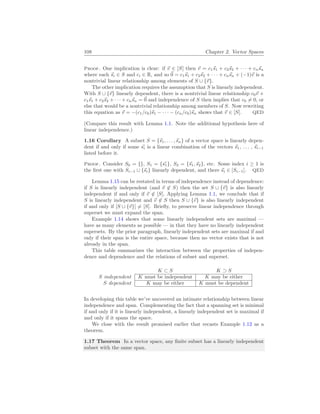 108 Chapter 2. Vector Spaces
Proof. One implication is clear: if ~
v ∈ [S] then ~
v = c1~
s1 + c2~
s2 + · · · + cn~
sn
where each ~
si ∈ S and ci ∈ R, and so ~
0 = c1~
s1 + c2~
s2 + · · · + cn~
sn + (−1)~
v is a
nontrivial linear relationship among elements of S ∪ {~
v}.
The other implication requires the assumption that S is linearly independent.
With S ∪ {~
v} linearly dependent, there is a nontrivial linear relationship c0~
v +
c1~
s1 + c2~
s2 + · · · + cn~
sn = ~
0 and independence of S then implies that c0 6= 0, or
else that would be a nontrivial relationship among members of S. Now rewriting
this equation as ~
v = −(c1/c0)~
s1 − · · · − (cn/c0)~
sn shows that ~
v ∈ [S]. QED
(Compare this result with Lemma 1.1. Note the additional hypothesis here of
linear independence.)
1.16 Corollary A subset S = {~
s1, . . . ,~
sn} of a vector space is linearly depen-
dent if and only if some ~
si is a linear combination of the vectors ~
s1, . . . , ~
si−1
listed before it.
Proof. Consider S0 = {}, S1 = {~
s1}, S2 = {~
s1,~
s2}, etc. Some index i ≥ 1 is
the first one with Si−1 ∪ {~
si} linearly dependent, and there ~
si ∈ [Si−1]. QED
Lemma 1.15 can be restated in terms of independence instead of dependence:
if S is linearly independent (and ~
v 6∈ S) then the set S ∪ {~
v} is also linearly
independent if and only if ~
v 6∈ [S]. Applying Lemma 1.1, we conclude that if
S is linearly independent and ~
v 6∈ S then S ∪ {~
v} is also linearly independent
if and only if [S ∪ {~
v}] 6= [S]. Briefly, to preserve linear independence through
superset we must expand the span.
Example 1.14 shows that some linearly independent sets are maximal —
have as many elements as possible — in that they have no linearly independent
supersets. By the prior paragraph, linearly independent sets are maximal if and
only if their span is the entire space, because then no vector exists that is not
already in the span.
This table summarizes the interaction between the properties of indepen-
dence and dependence and the relations of subset and superset.
K ⊂ S K ⊃ S
S independent K must be independent K may be either
S dependent K may be either K must be dependent
In developing this table we’ve uncovered an intimate relationship between linear
independence and span. Complementing the fact that a spanning set is minimal
if and only if it is linearly independent, a linearly independent set is maximal if
and only if it spans the space.
We close with the result promised earlier that recasts Example 1.12 as a
theorem.
1.17 Theorem In a vector space, any finite subset has a linearly independent
subset with the same span.
 