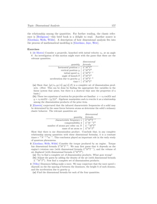 Topic: Dimensional Analysis 157
the relationship among the quantities. For further reading, the classic refer-
ence is [Bridgman]—this brief book is a delight to read. Another source is
[Giordano, Wells, Wilde]. A description of how dimensional analysis fits into
the process of mathematical modeling is [Giordano, Jaye, Weir].
Exercises
1 [de Mestre] Consider a projectile, launched with initial velocity v0, at an angle
θ. An investigation of this motion might start with the guess that these are the
relevant quantities.
quantity
dimensional
formula
horizontal position x L1
M0
T0
vertical position y L1
M0
T0
initial speed v0 L1
M0
T−1
angle of launch θ L0
M0
T0
acceleration due to gravity g L1
M0
T−2
time t L0
M0
T1
(a) Show that {gt/v0, gx/v2
0, gy/v2
0, θ} is a complete set of dimensionless prod-
ucts. (Hint. This can be done by finding the appropriate free variables in the
linear system that arises, but there is a shortcut that uses the properties of a
basis.)
(b) These two equations of motion for projectiles are familiar: x = v0 cos(θ)t and
y = v0 sin(θ)t−(g/2)t2
. Algebraic manipulate each to rewrite it as a relationship
among the dimensionless products of the prior item.
2 [Einstein] conjectured that the infrared characteristic frequencies of a solid may
be determined by the same forces between atoms as determine the solid’s ordanary
elastic behavior. The relevant quantities are
quantity
dimensional
formula
characteristic frequency ν L0
M0
T−1
compressibility k L1
M−1
T2
number of atoms per cubic cm N L−3
M0
T0
mass of an atom m L0
M1
T0
Show that there is one dimensionless product. Conclude that, in any complete
relationship among quantities with these dimensional formulas, k is a constant
times ν−2
N−1/3
m−1
. This conclusion played an important role in the early study
of quantum phenomena.
3 [Giordano, Wells, Wilde] Consider the torque produced by an engine. Torque
has dimensional formula L2
M1
T−2
. We may first guess that it depends on the
engine’s rotation rate (with dimensional formula L0
M0
T−1
), and the volume of
air displaced (with dimensional formula L3
M0
T0
).
(a) Try to find a complete set of dimensionless products. What goes wrong?
(b) Adjust the guess by adding the density of the air (with dimensional formula
L−3
M1
T0
). Now find a complete set of dimensionless products.
4 [Tilley] Dominoes falling make a wave. We may conjecture that the wave speed v
depends on the the spacing d between the dominoes, the height h of each domino,
and the acceleration due to gravity g.
(a) Find the dimensional formula for each of the four quantities.
 