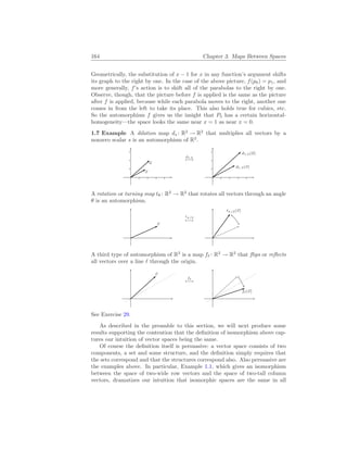 164 Chapter 3. Maps Between Spaces
Geometrically, the substitution of x − 1 for x in any function’s argument shifts
its graph to the right by one. In the case of the above picture, f(p0) = p1, and
more generally, f’s action is to shift all of the parabolas to the right by one.
Observe, though, that the picture before f is applied is the same as the picture
after f is applied, because while each parabola moves to the right, another one
comes in from the left to take its place. This also holds true for cubics, etc.
So the automorphism f gives us the insight that P5 has a certain horizontal-
homogeneity—the space looks the same near x = 1 as near x = 0.
1.7 Example A dilation map ds : R2
→ R2
that multiplies all vectors by a
nonzero scalar s is an automorphism of R2
.
~
u
~
v
d1.5
7−→
d1.5(~
u)
d1.5(~
v)
A rotation or turning map tθ : R2
→ R2
that rotates all vectors through an angle
θ is an automorphism.
~
v
tπ/3
7−→
tπ/3(~
v)
A third type of automorphism of R2
is a map f` : R2
→ R2
that flips or reflects
all vectors over a line ` through the origin.
~
v
f`
7−→
f`(~
v)
See Exercise 29.
As described in the preamble to this section, we will next produce some
results supporting the contention that the definition of isomorphism above cap-
tures our intuition of vector spaces being the same.
Of course the definition itself is persuasive: a vector space consists of two
components, a set and some structure, and the definition simply requires that
the sets correspond and that the structures correspond also. Also persuasive are
the examples above. In particular, Example 1.1, which gives an isomorphism
between the space of two-wide row vectors and the space of two-tall column
vectors, dramatizes our intuition that isomorphic spaces are the same in all
 