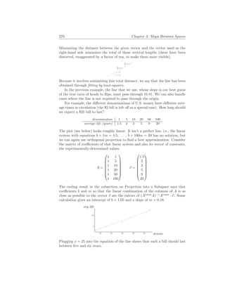 270 Chapter 3. Maps Between Spaces
Minimizing the distance between the given vector and the vector used as the
right-hand side minimizes the total of these vertical lengths (these have been
distorted, exaggerated by a factor of ten, to make them more visible).
b
c
b
c
b
c
Because it involves minimizing this total distance, we say that the line has been
obtained through fitting by least-squares.
In the previous example, the line that we use, whose slope is our best guess
of the true ratio of heads to flips, must pass through (0, 0). We can also handle
cases where the line is not required to pass through the origin.
For example, the different denominations of U.S. money have different aver-
age times in circulation (the $2 bill is left off as a special case). How long should
we expect a $25 bill to last?
denomination 1 5 10 20 50 100
average life (years) 1.5 2 3 5 9 20
The plot (see below) looks roughly linear. It isn’t a perfect line, i.e., the linear
system with equations b + 1m = 1.5, . . . , b + 100m = 20 has no solution, but
we can again use orthogonal projection to find a best approximation. Consider
the matrix of coefficients of that linear system and also its vector of constants,
the experimentally-determined values.
A =








1 1
1 5
1 10
1 20
1 50
1 100








~
v =








1.5
2
3
5
9
20








The ending result in the subsection on Projection into a Subspace says that
coefficients b and m so that the linear combination of the columns of A is as
close as possible to the vector ~
v are the entries of (Atrans
A)−1
Atrans
· ~
v. Some
calculation gives an intercept of b = 1.05 and a slope of m = 0.18.
denom
avg life
10 30 50 70 90
5
15
b
c b
c
b
c
b
c
b
c
b
c
Plugging x = 25 into the equation of the line shows that such a bill should last
between five and six years.
 