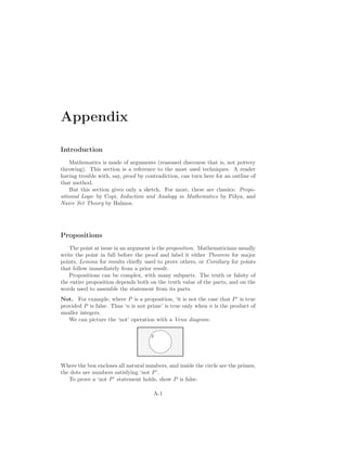 Appendix
Introduction
Mathematics is made of arguments (reasoned discourse that is, not pottery
throwing). This section is a reference to the most used techniques. A reader
having trouble with, say, proof by contradiction, can turn here for an outline of
that method.
But this section gives only a sketch. For more, these are classics: Propo-
sitional Logic by Copi, Induction and Analogy in Mathematics by Pólya, and
Naive Set Theory by Halmos.
Propositions
The point at issue in an argument is the proposition. Mathematicians usually
write the point in full before the proof and label it either Theorem for major
points, Lemma for results chiefly used to prove others, or Corollary for points
that follow immediately from a prior result.
Propositions can be complex, with many subparts. The truth or falsity of
the entire proposition depends both on the truth value of the parts, and on the
words used to assemble the statement from its parts.
Not. For example, where P is a proposition, ‘it is not the case that P’ is true
provided P is false. Thus ‘n is not prime’ is true only when n is the product of
smaller integers.
We can picture the ‘not’ operation with a Venn diagram:
%
'$
P
.
.
.
.
.
.
.
.
.
.
.
.
.
.
.
.
.
.
.
.
.
.
.
.
.
.
.
.
.
.
.
.
.
.
.
.
.
.
.
.
.
.
.
.
.
.
.
.
.
.
.
.
.
.
.
.
.
.
.
.
.
.
.
.
.
.
.
.
.
.
.
.
.
.
.
.
.
.
.
.
.
.
.
.
.
.
.
.
.
.
.
.
.
.
.
.
.
.
.
.
.
.
.
.
.
.
.
.
.
.
.
.
.
.
.
.
.
.
.
.
.
.
.
.
.
.
.
.
.
.
.
.
.
.
.
.
.
.
.
.
.
.
.
.
.
.
.
.
.
.
.
.
.
.
.
.
.
.
.
.
.
.
.
.
.
.
.
.
.
.
.
.
.
.
.
.
.
.
.
.
.
.
.
.
.
.
.
.
.
.
.
.
.
.
.
.
.
.
.
.
.
.
.
.
.
.
.
.
.
.
.
.
.
.
.
.
.
.
.
.
.
.
.
.
.
.
.
.
.
.
.
.
.
.
.
.
.
.
.
.
.
.
.
.
.
.
.
.
.
.
.
.
.
.
.
.
.
.
.
.
.
.
.
.
.
.
.
.
.
.
.
.
.
.
.
.
.
.
.
.
.
.
.
.
.
.
.
.
.
.
.
.
.
.
.
.
.
.
.
.
.
.
.
.
.
.
.
.
.
.
.
.
.
.
.
.
.
.
.
.
.
.
.
.
.
.
.
.
.
.
.
.
.
.
.
.
.
.
.
.
.
.
.
.
.
.
.
.
.
.
.
.
.
.
.
.
.
.
.
.
.
.
.
.
.
.
.
.
.
.
.
.
.
.
.
.
.
.
.
.
.
.
.
.
.
.
.
.
.
.
.
.
.
.
.
.
.
.
.
.
.
.
.
.
.
.
.
.
.
.
.
.
.
.
.
.
.
.
.
.
.
.
Where the box encloses all natural numbers, and inside the circle are the primes,
the dots are numbers satisfying ‘not P’.
To prove a ‘not P’ statement holds, show P is false.
A-1
 