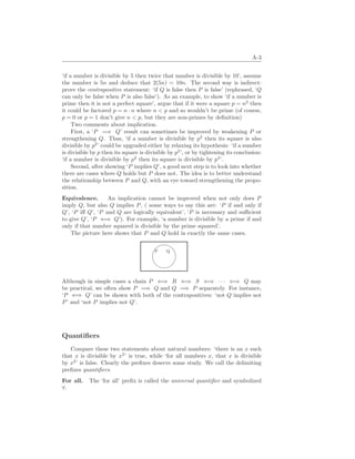 A-3
‘if a number is divisible by 5 then twice that number is divisible by 10’, assume
the number is 5n and deduce that 2(5n) = 10n. The second way is indirect:
prove the contrapositive statement: ‘if Q is false then P is false’ (rephrased, ‘Q
can only be false when P is also false’). As an example, to show ‘if a number is
prime then it is not a perfect square’, argue that if it were a square p = n2
then
it could be factored p = n · n where n  p and so wouldn’t be prime (of course,
p = 0 or p = 1 don’t give n  p, but they are non-primes by definition)
Two comments about implication.
First, a ‘P =⇒ Q’ result can sometimes be improved by weakening P or
strengthening Q. Thus, ‘if a number is divisible by p2
then its square is also
divisible by p2
’ could be upgraded either by relaxing its hypothesis: ‘if a number
is divisible by p then its square is divisible by p2
’, or by tightening its conclusion:
‘if a number is divisible by p2
then its square is divisible by p4
’.
Second, after showing ‘P implies Q’, a good next step is to look into whether
there are cases where Q holds but P does not. The idea is to better understand
the relationship between P and Q, with an eye toward strengthening the propo-
sition.
Equivalence. An implication cannot be improved when not only does P
imply Q, but also Q implies P, ( some ways to say this are: ‘P if and only if
Q’, ‘P iff Q’, ‘P and Q are logically equivalent’, ‘P is necessary and sufficient
to give Q’, ‘P ⇐⇒ Q’). For example, ‘a number is divisible by a prime if and
only if that number squared is divisible by the prime squared’.
The picture here shows that P and Q hold in exactly the same cases.
%
'$
P Q
Although in simple cases a chain P ⇐⇒ R ⇐⇒ S ⇐⇒ · · · ⇐⇒ Q may
be practical, we often show P =⇒ Q and Q =⇒ P separately. For instance,
‘P ⇐⇒ Q’ can be shown with both of the contrapositives: ‘not Q implies not
P’ and ‘not P implies not Q’.
Quantifiers
Compare these two statements about natural numbers: ‘there is an x such
that x is divisible by x2
’ is true, while ‘for all numbers x, that x is divisible
by x2
’ is false. Clearly the prefixes deserve some study. We call the delimiting
prefixes quantifiers.
For all. The ‘for all’ prefix is called the universal quantifier and symbolized
∀.
 