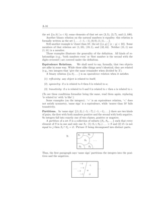 A-10
the set {(a, b)
¯
¯ a  b}; some elements of that set are (3, 5), (3, 7), and (1, 100).
Another binary relation on the natural numbers is equality; this relation is
formally written as the set {. . . , (−1, −1), (0, 0), (1, 1), . . . }.
Still another example is ‘closer than 10’, the set {(x, y)
¯
¯ |x − y|  10}. Some
members of that relation are (1, 10), (10, 1), and (42, 44). Neither (11, 1) nor
(1, 11) is a member.
Those examples illustrate the generality of the definition. All kinds of re-
lationships (e.g., ‘both numbers even’ or ‘first number is the second with the
digits reversed’) are covered under the definition.
Equivalence Relations. We shall need to say, formally, that two objects
are alike in some way. While these alike things aren’t identical, they are related
(e.g., two integers that ‘give the same remainder when divided by 2’).
A binary relation {(a, b), . . . } is an equivalence relation when it satisfies
(1) reflexivity: any object is related to itself;
(2) symmetry: if a is related to b then b is related to a;
(3) transitivity: if a is related to b and b is related to c then a is related to c.
(To see these conditions formalize being the same, read them again, replacing
‘is related to’ with ‘is like’.)
Some examples (on the integers): ‘=’ is an equivalence relation, ‘’ does
not satisfy symmetry, ‘same sign’ is a equivalence, while ‘nearer than 10’ fails
transitivity.
Partitions. In ‘same sign’ {(1, 3), (−5, −7), (−1, −1), . . . } there are two kinds
of pairs, the first with both numbers positive and the second with both negative.
So integers fall into exactly one of two classes, positive or negative.
A partition of a set S is a collection of subsets {S1, S2, . . . } such that every
element of S is in one and only one Si: (1) S1 ∪ S2 ∪ . . . = S and (2) if i is not
equal to j then Si ∩ Sj = ∅. Picture S being decomposed into distinct parts.
S:
%
$
Ã
!
¿
À
. . .
S1
S2
S3
S4
S5
Thus, the first paragraph says ‘same sign’ partitions the integers into the posi-
tives and the negatives.
¤
¤
¤
¤
¤
¤
.−2
.−3
.−4
.−1
. . .
.2
.0
.1
. . .
 