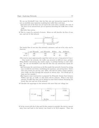 Topic: Analyzing Networks 77
We can use Kirchhoff’s Law, that the flow into any intersection equals the flow
out, to establish some equations modeling how traffic flows work here.
(a) Label each of the three arcs of road in the circle with a variable. For each of
the three in-out intersections, get an equation describing the traffic flow at that
node.
(b) Solve that system.
3 This is a map of a network of streets. Below we will describe the flow of cars
into, and out of, this network.
west Winooski Ave
east
Shelburne St
Willow
Jay
Ln
The hourly flow of cars into this network’s entrances, and out of its exits can be
observed.
east Winooski west Winooski Willow Jay Shelburne
into 100 150 25 – 200
out of 125 150 50 25 125
(The total in must approximately equal the total out over a long period of time.)
Once inside the network, the traffic may proceed in different ways, perhaps
filling Willow and leaving Jay mostly empty, or perhaps flowing in some other
way. We can use Kirchhoff’s Law that the flow into any intersection equals the
flow out.
(a) Determine the restrictions on the flow inside this network of streets by setting
up a variable for each block, establishing the equations, and solving them. Notice
that some streets are one-way only. (Hint: this will not yield a unique solution,
since traffic can flow through this network in various ways. You should get at
least one free variable.)
(b) Suppose some construction is proposed for Winooski Avenue East between
Willow and Jay, so traffic on that block will be reduced. What is the least
amount of traffic flow that can be allowed on that block without disrupting the
hourly flow into and out of the network?
4 Calculate the amperages in this network with more than one voltage rise.
1.5 volt
10 ohm
5 ohm
2 ohm 3 volt
3 ohm
6 ohm
5 In the circuit with the 8 ohm and 12 ohm resistors in parallel, the electric current
away from and back to the battery was found to be 25/6 amperes. Thus, the
 