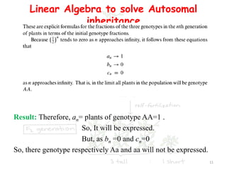 Linear Algebra to solve Autosomal
inheritance
Result: Therefore, an= plants of genotype AA=1 .
So, It will be expressed.
But, as bn =0 and cn=0
So, there genotype respectively Aa and aa will not be expressed.
11
 