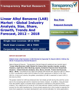 REPORT DESCRIPTION
Global Linear alkyl benzene (LAB) Market Is Expected To Reach USD 8.2 Billion By
2018: Transparency Market Research
Market Research Reports : Transparency Market Research published new market report
"Linear Alkyl Benzene (LAB) Market for Heavy-Duty Laundry Liquids, Laundry
Powders, Light-Duty Dish Washing Liquids, Industrial Cleaners And Household
Cleaners - Global Industry Analysis, Size, Share, Growth, Trends And Forecast,
2012 - 2018, " according to the report the global LAB market was valued at USD 6.2 billion
in 2011 is expected to reach USD 8.2 billion by 2018, growing at a CAGR of 4.3% from
2012 to. In terms of volume, the global consumption of LAB is expected to reach 4,043.3
kilo tons by 2018.
The global market for LAB has witnessed slow but steady growth during the past few years
due to the increasing demand for industrial and home cleaners. In addition, rising demand
from Asia Pacific region is another factor expected to contribute to the growth of this
industry. The volatile price of crude oil in the international market has been remained major
concern for the LAB manufacturers. Future growth opportunity in this market is expected to
stem from expansion of product development and commercialization for niche applications.
Transparency Market Research
Linear Alkyl Benzene (LAB)
Market - Global Industry
Analysis, Size, Share,
Growth, Trends And
Forecast, 2012 – 2018
Single User License: US $ 4595
Multi User License: US $ 7595
Corporate User License: US $ 10595
Buy Now
Request Sample
Published Date: July 2013
69 Pages Report
 