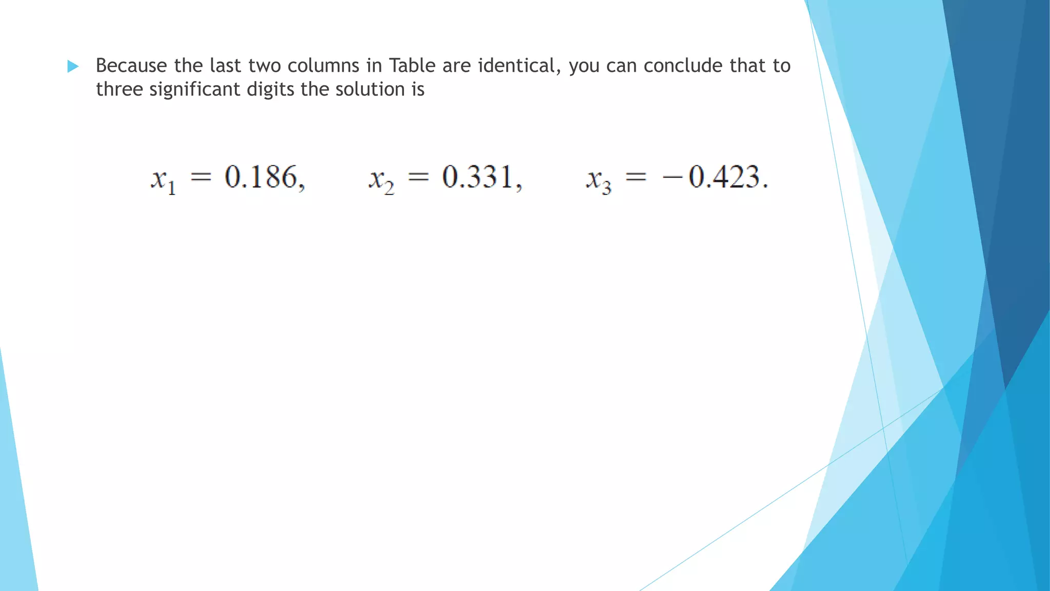  Because the last two columns in Table are identical, you can conclude that to
three significant digits the solution is
 