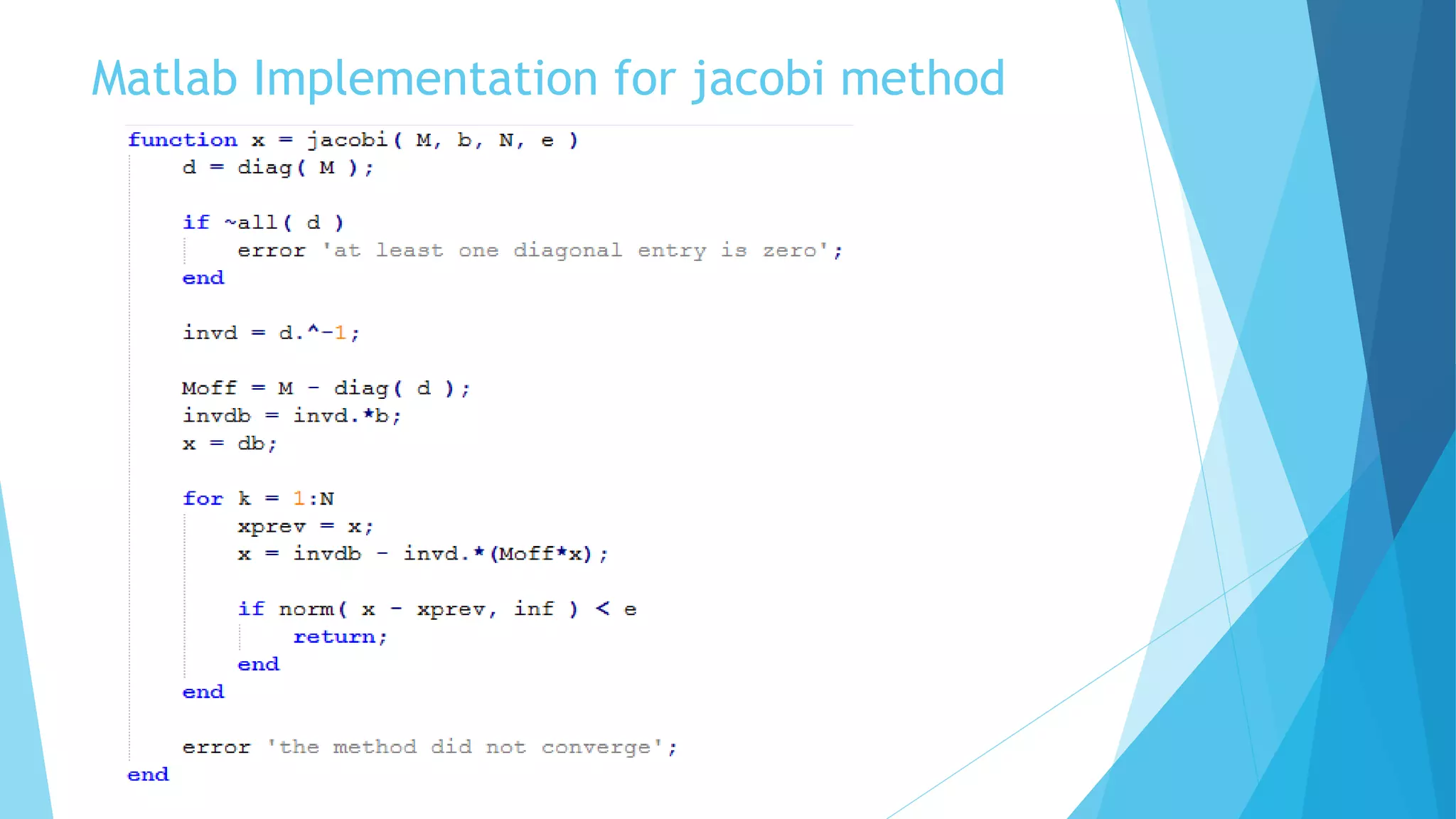 Matlab Implementation for jacobi method
 