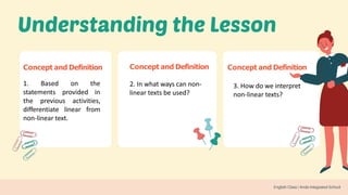 Concept and Definition
1. Based
statements
on the
provided in
the previous activities,
differentiate linear from
non-linear text.
2. In what ways can non-
linear texts be used?
3. How do we interpret
non-linear texts?
Concept and Definition Concept and Definition
 