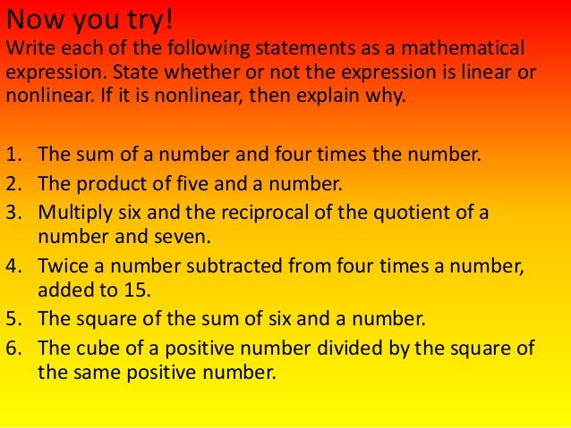 Linear and non linear expressions practice problesm