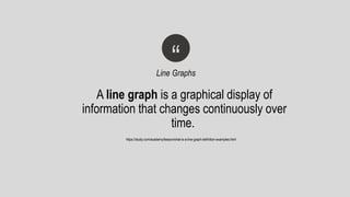 A line graph is a graphical display of
information that changes continuously over
time.
“Line Graphs
https://study.com/academy/lesson/what-is-a-line-graph-definition-examples.html
 