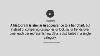 “Histogram
https://www.smartdraw.com/bar-graph/
A histogram is similar in appearance to a bar chart, but
instead of comparing categories or looking for trends over
time, each bar represents how data is distributed in a single
category.
 