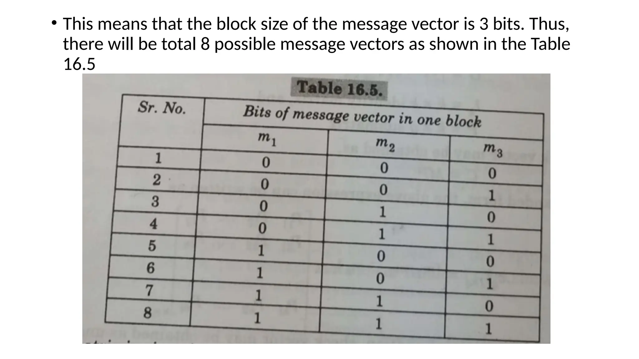 • This means that the block size of the message vector is 3 bits. Thus,
there will be total 8 possible message vectors as shown in the Table
16.5
 