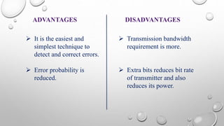 ADVANTAGES DISADVANTAGES 
 It is the easiest and 
simplest technique to 
detect and correct errors. 
 Error probability is 
reduced. 
 Transmission bandwidth 
requirement is more. 
 Extra bits reduces bit rate 
of transmitter and also 
reduces its power. 
 